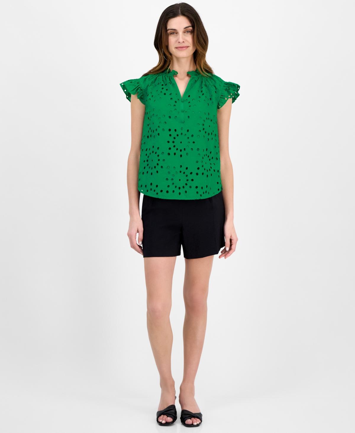 売れ筋商品|||アンクライン カットソー トップス レディース Women's Cotton Flutter-Sleeve Eyelet Blouse Tropical Green Anne Klein Cotton Flutter-sleeve Eyelet Blouse in Green | Lyst