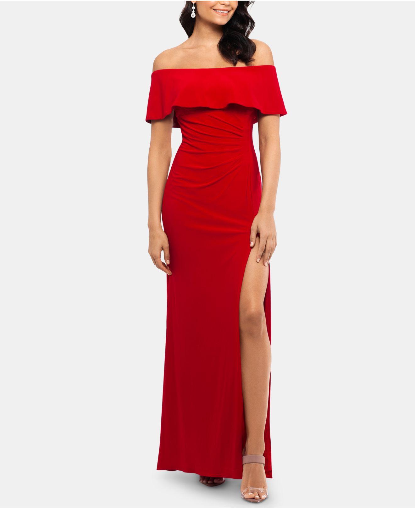 xscape ruffle off the shoulder gown