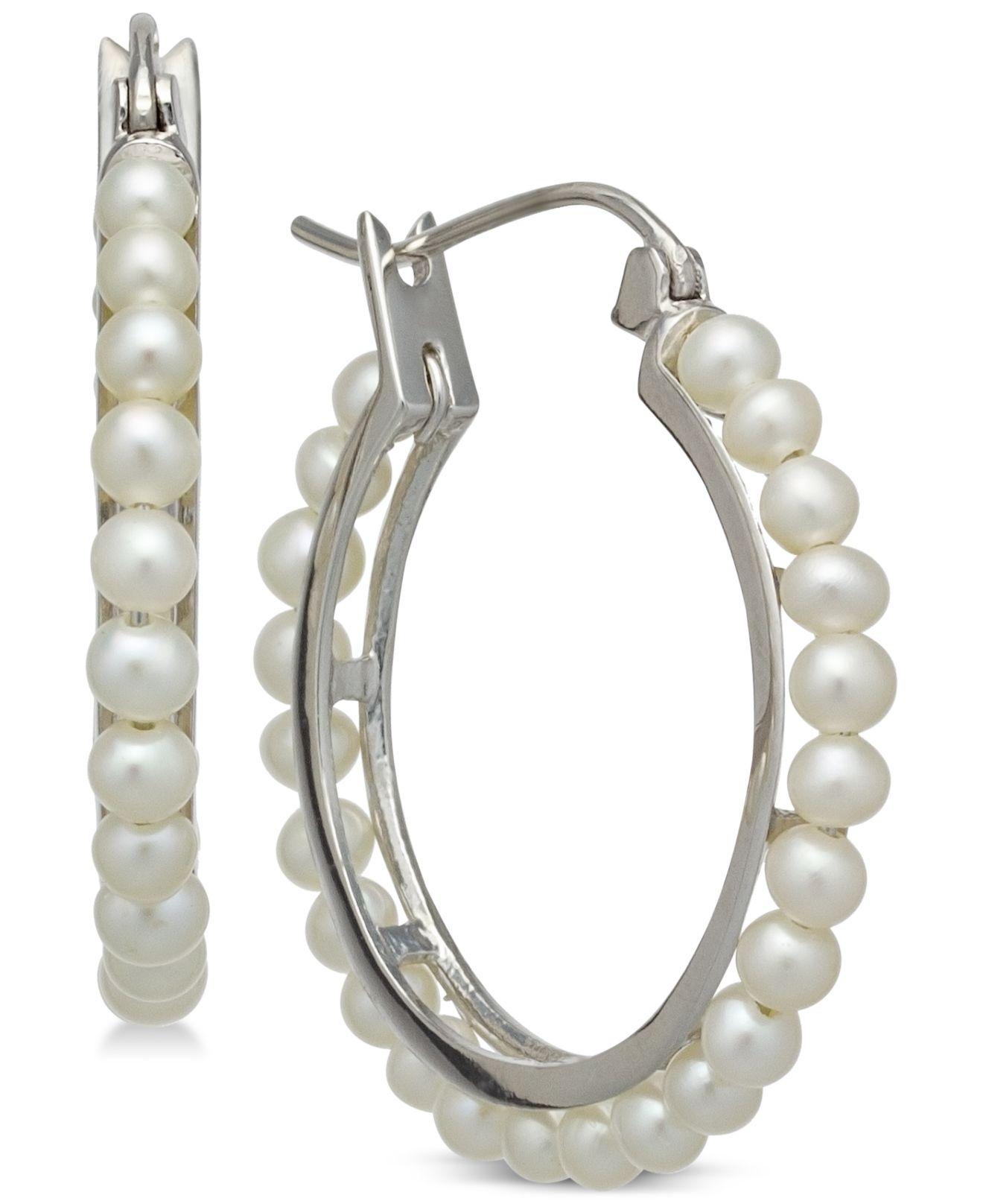 Macy's Cultured Freshwater Pearl (3mm) Hoop Earrings In Sterling Silver ...