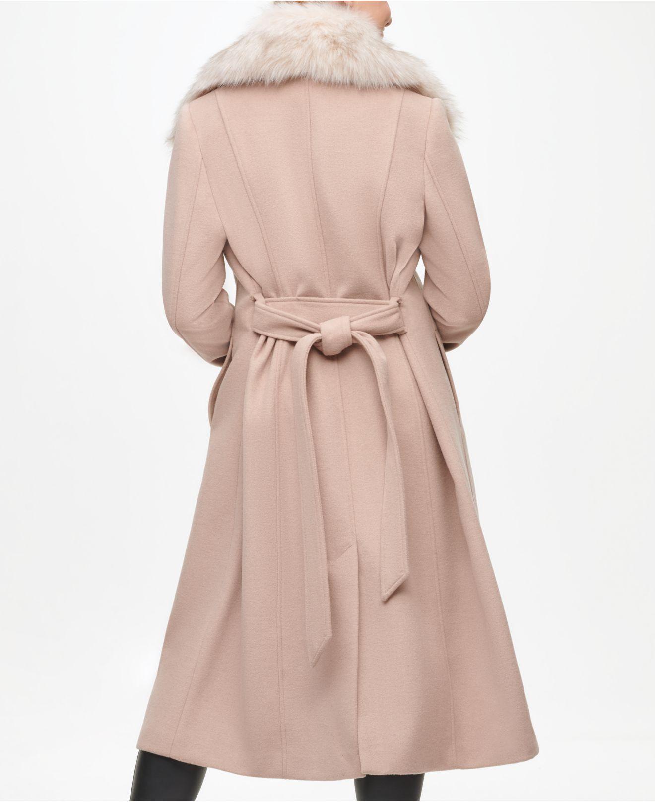 Karl Lagerfeld Faux Fur Collar Belted Wrap Coat in Natural | Lyst