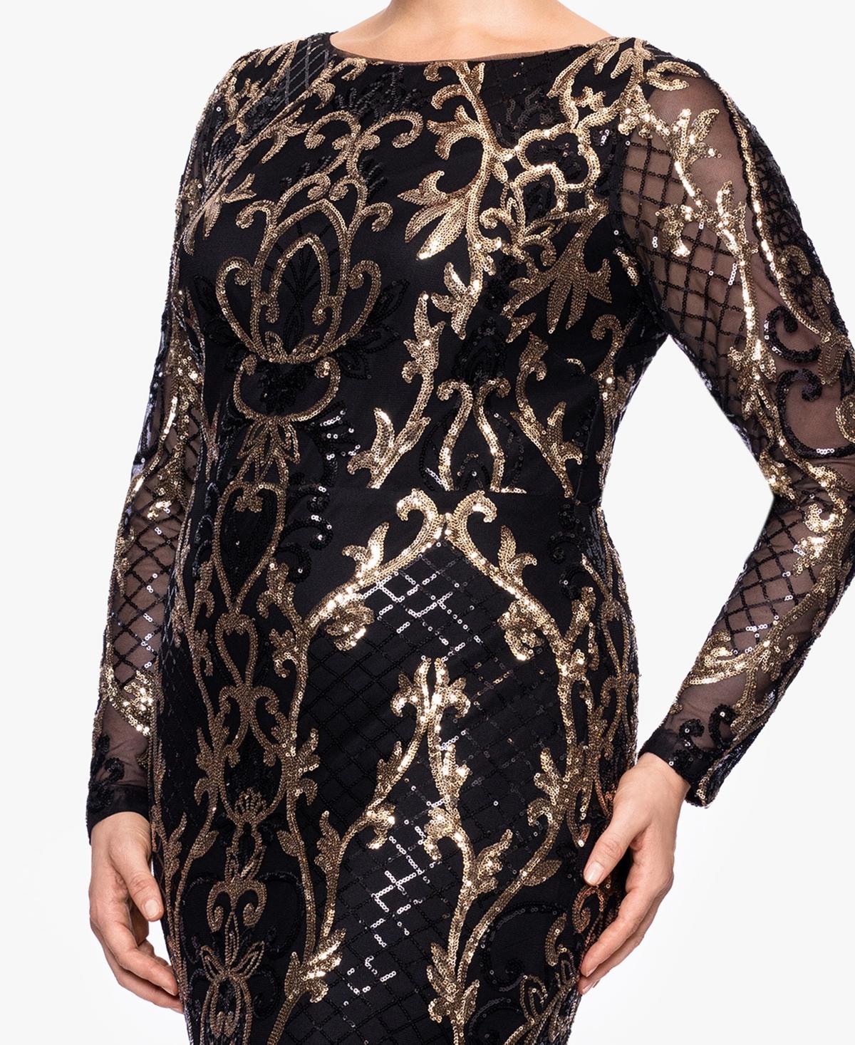 B & A by Betsy and Adam Betsy & Adam Plus Size Sequined Long-sleeve Sheath Gown in Black
