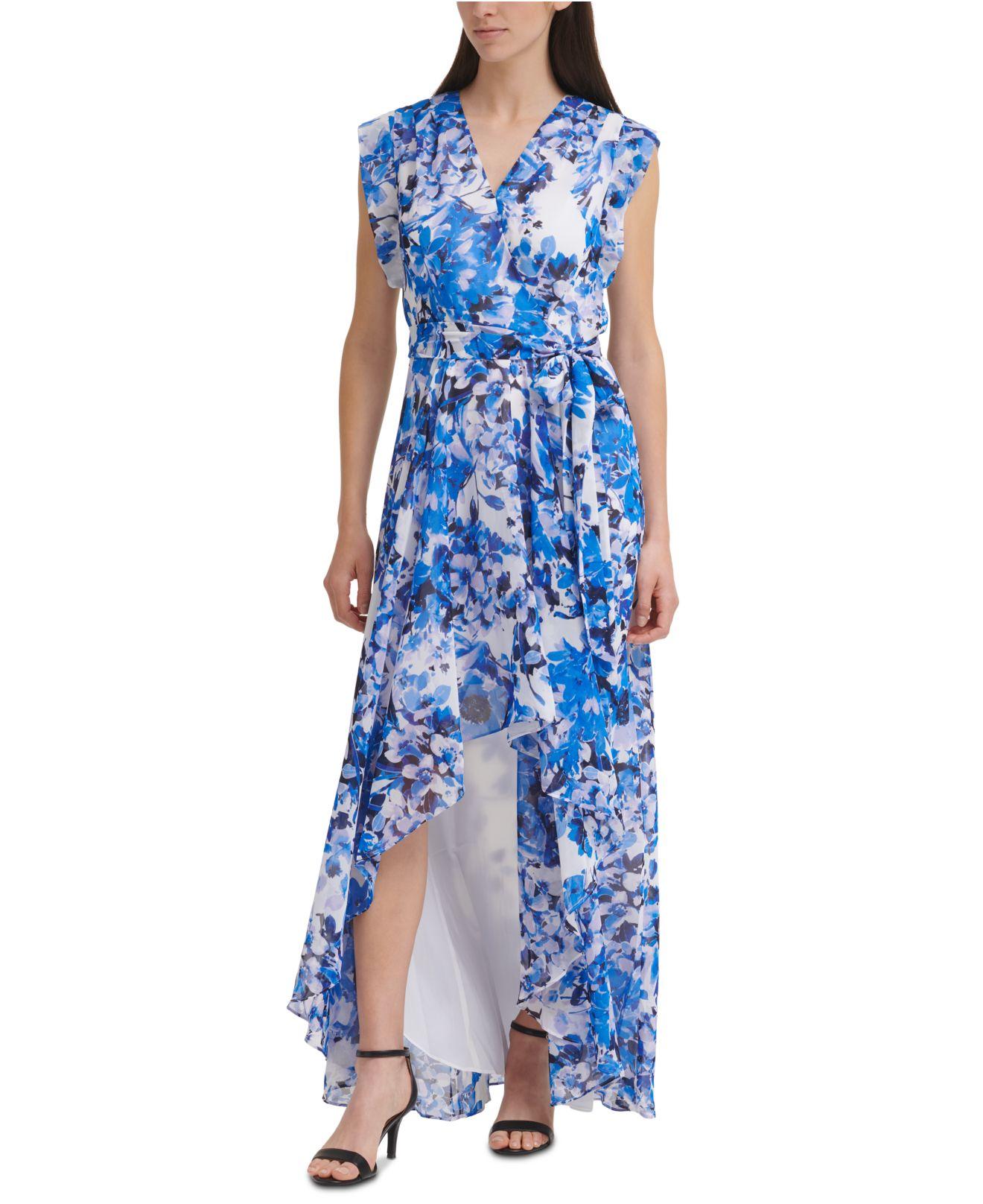 Eliza J Synthetic High-low Faux-wrap Dress in Blue/White Floral (Blue) |  Lyst
