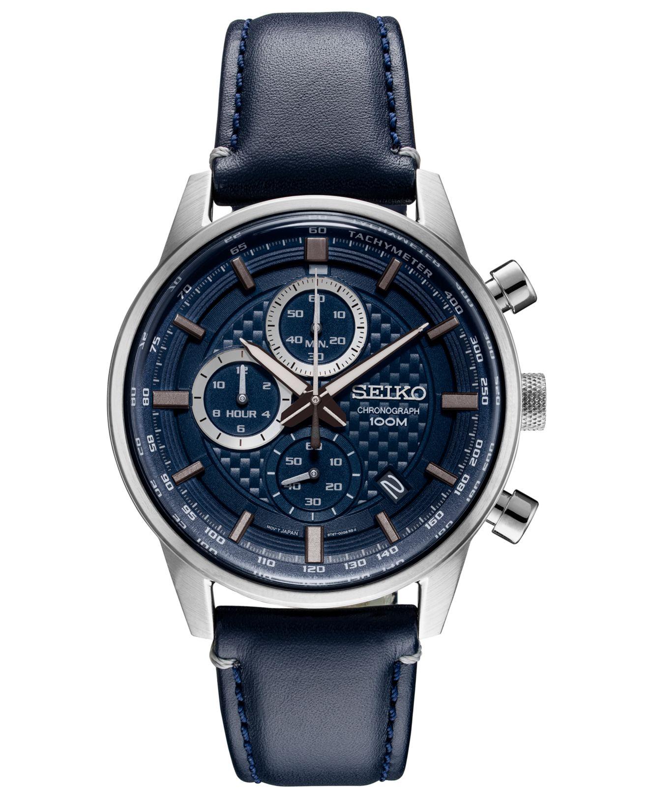 Seiko Chronograph Blue Leather Strap Watch 42.7mm In Silver (Metallic ...