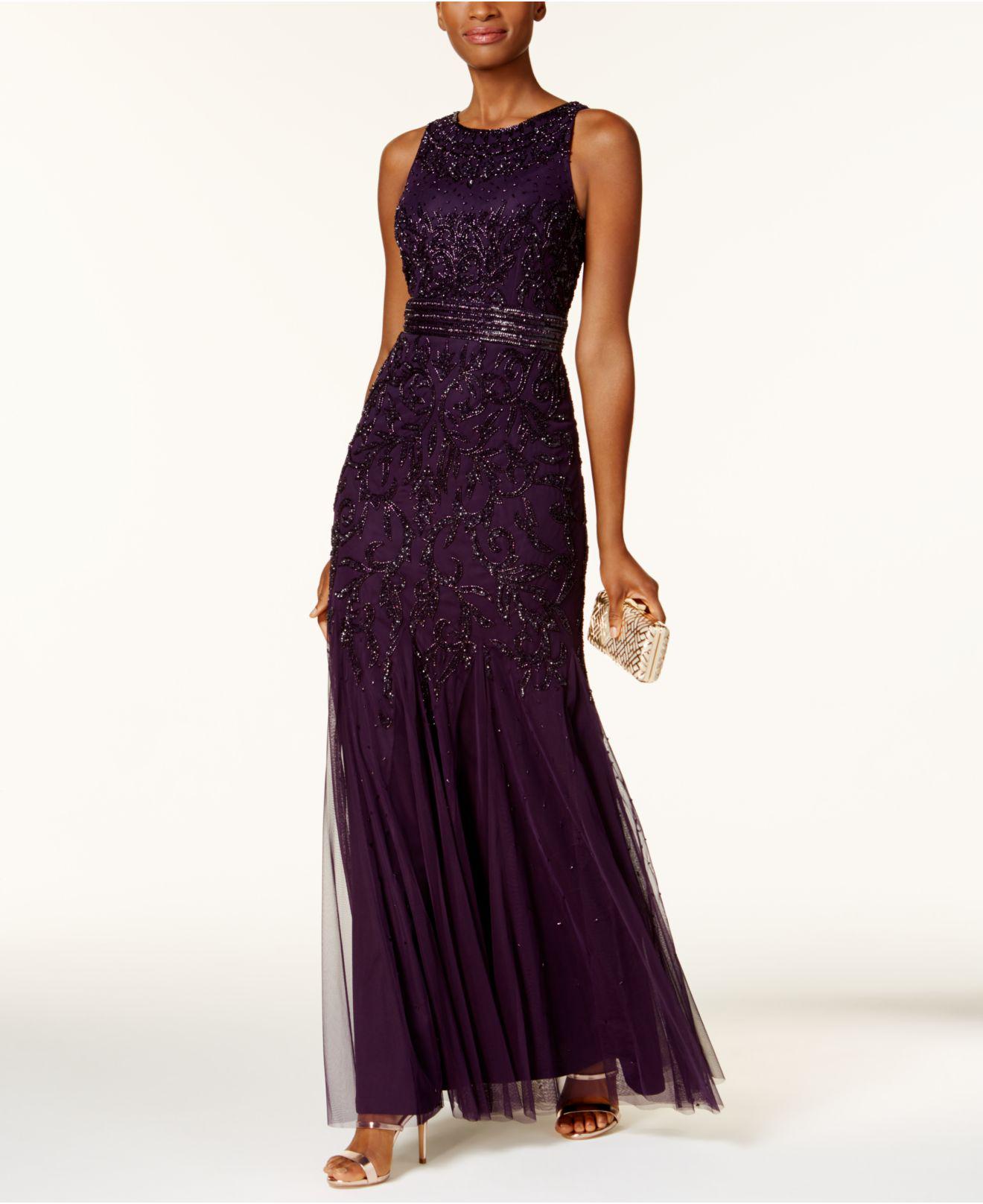 Adrianna Papell Synthetic Beaded Mesh Gown in Amethyst (Purple) - Lyst