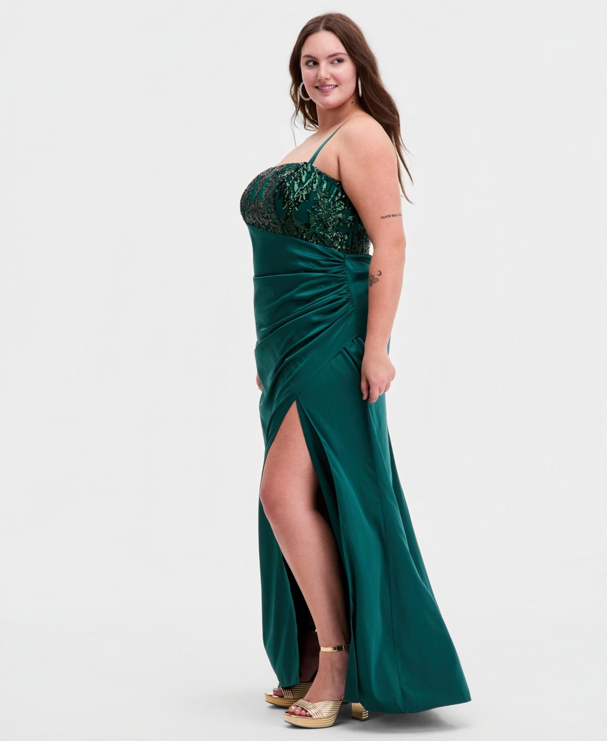 City Studios Trendy Plus Size Satin Ruched Sequin Gown in Green | Lyst