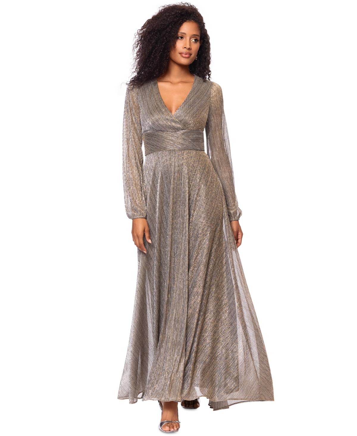 slim fit dress slacks Betsy & Adam Ruffled-Front Glitter Gown - White/Pink/Gold