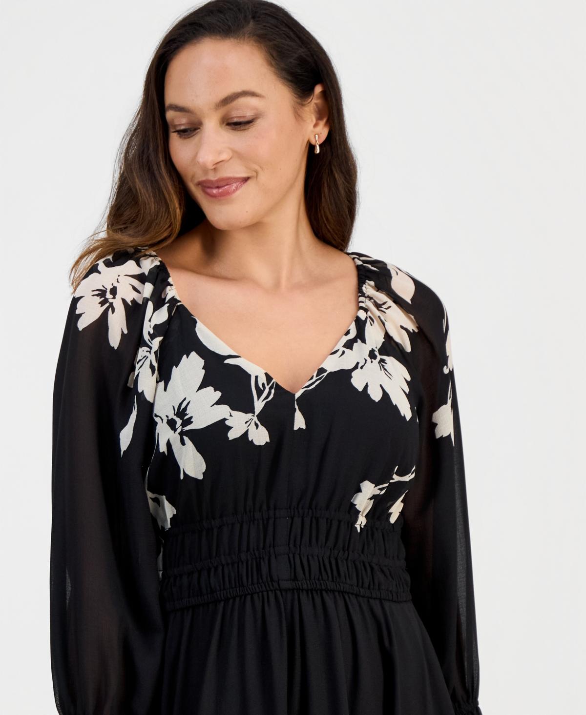 taylor printed chiffon midi dress Taylor Women's Off The Shoulder Floral Print Chiffon Smocked Midi Dress Ivory / 8