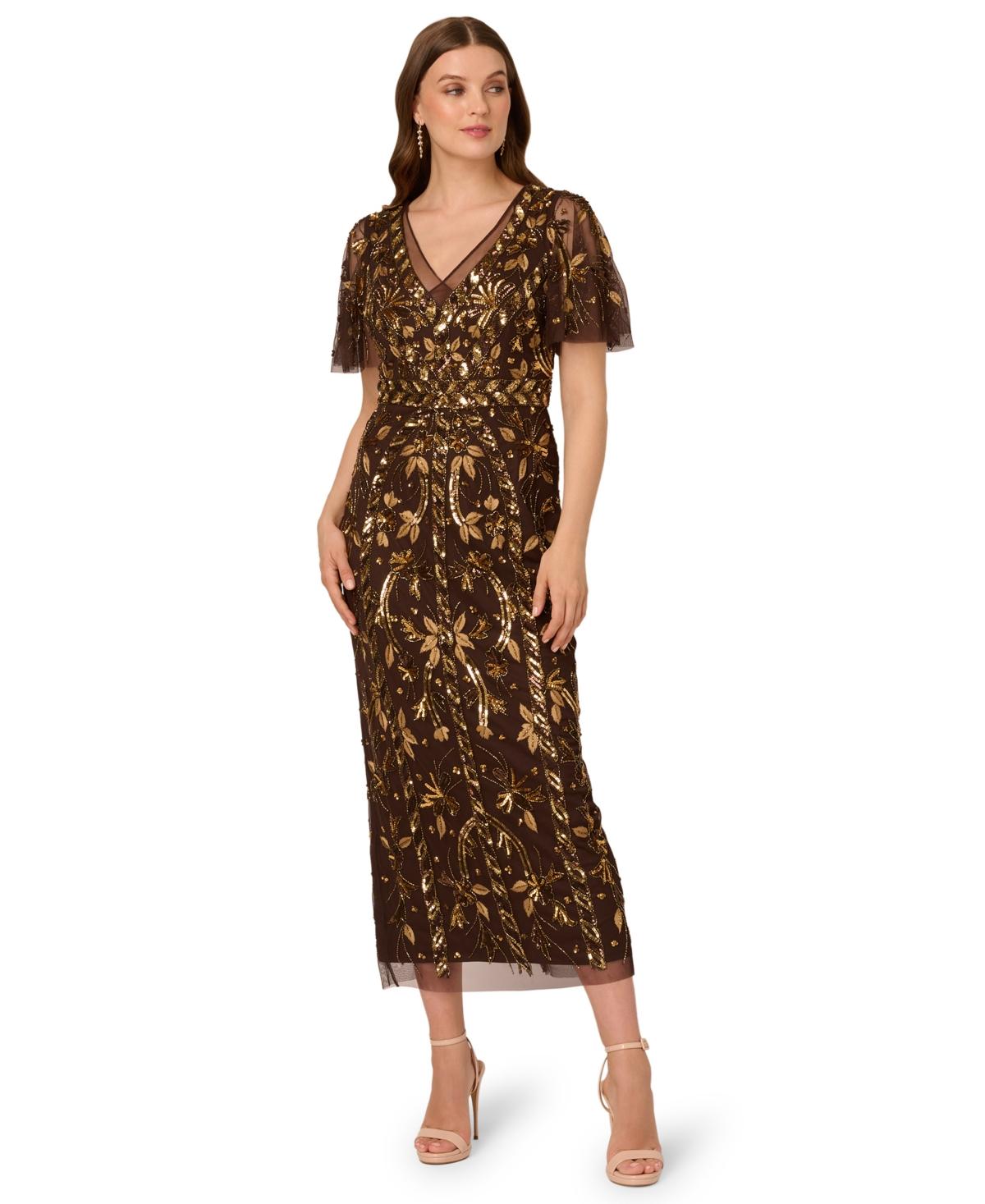 blue dress for baby girl Mac Duggal - Brown High Neck Flutter Sleeve Beaded Dress main image 1