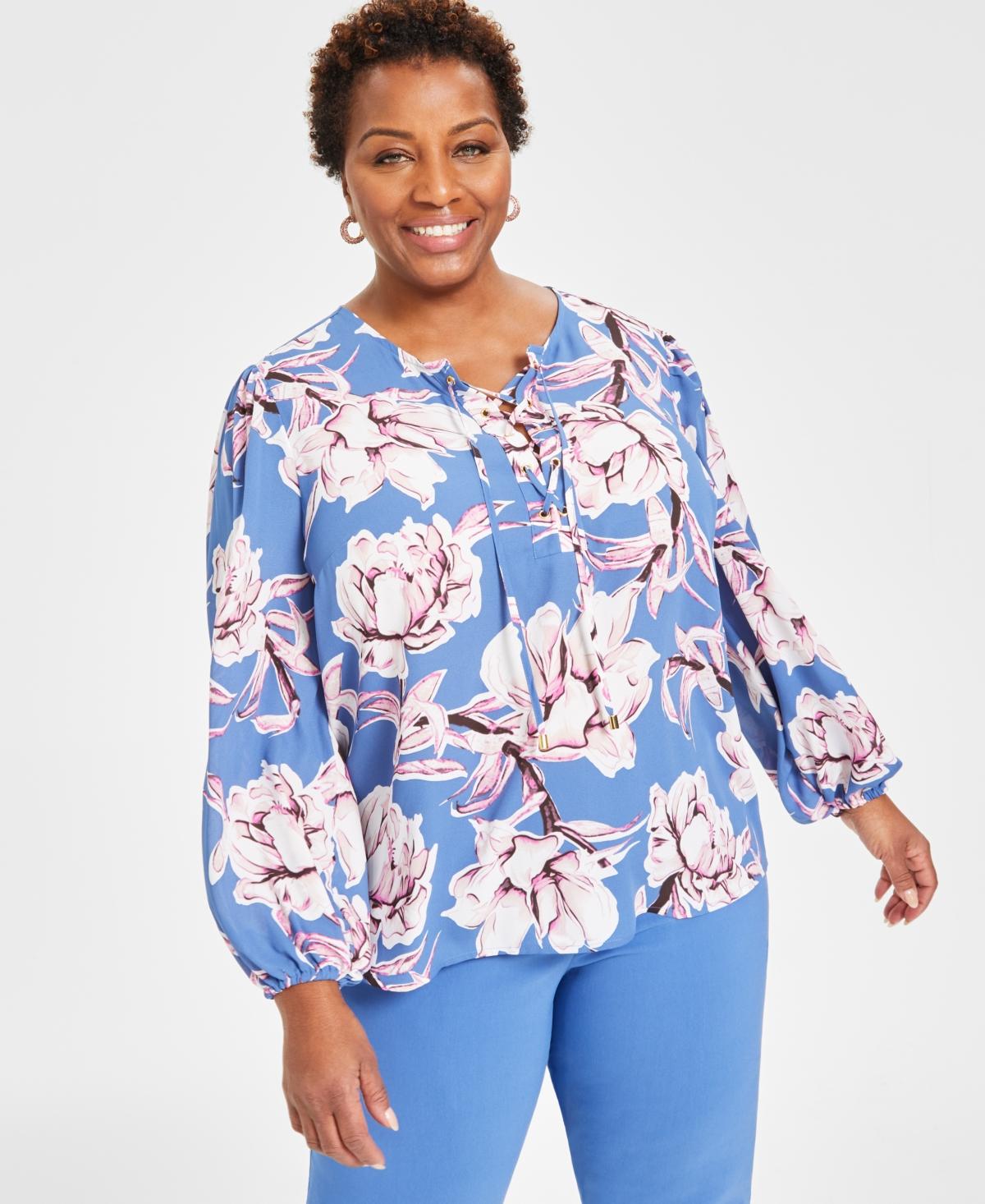 INC International Concepts Plus Size Printed Lace-up Top in Blue
