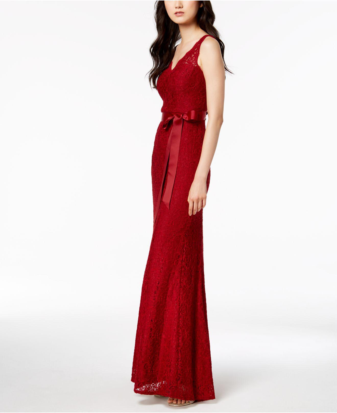 adrianna papell belted lace gown