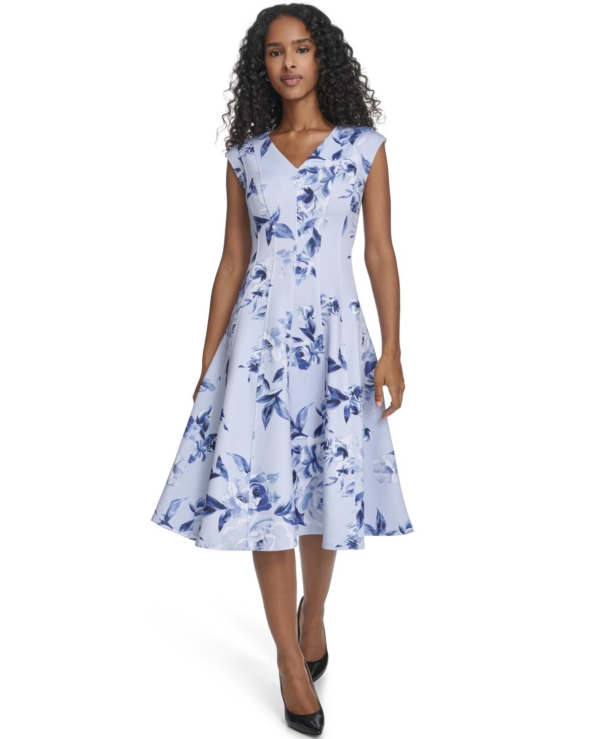 Calvin Klein Printed Fit And Flare V-neck Dress in Blue | Lyst