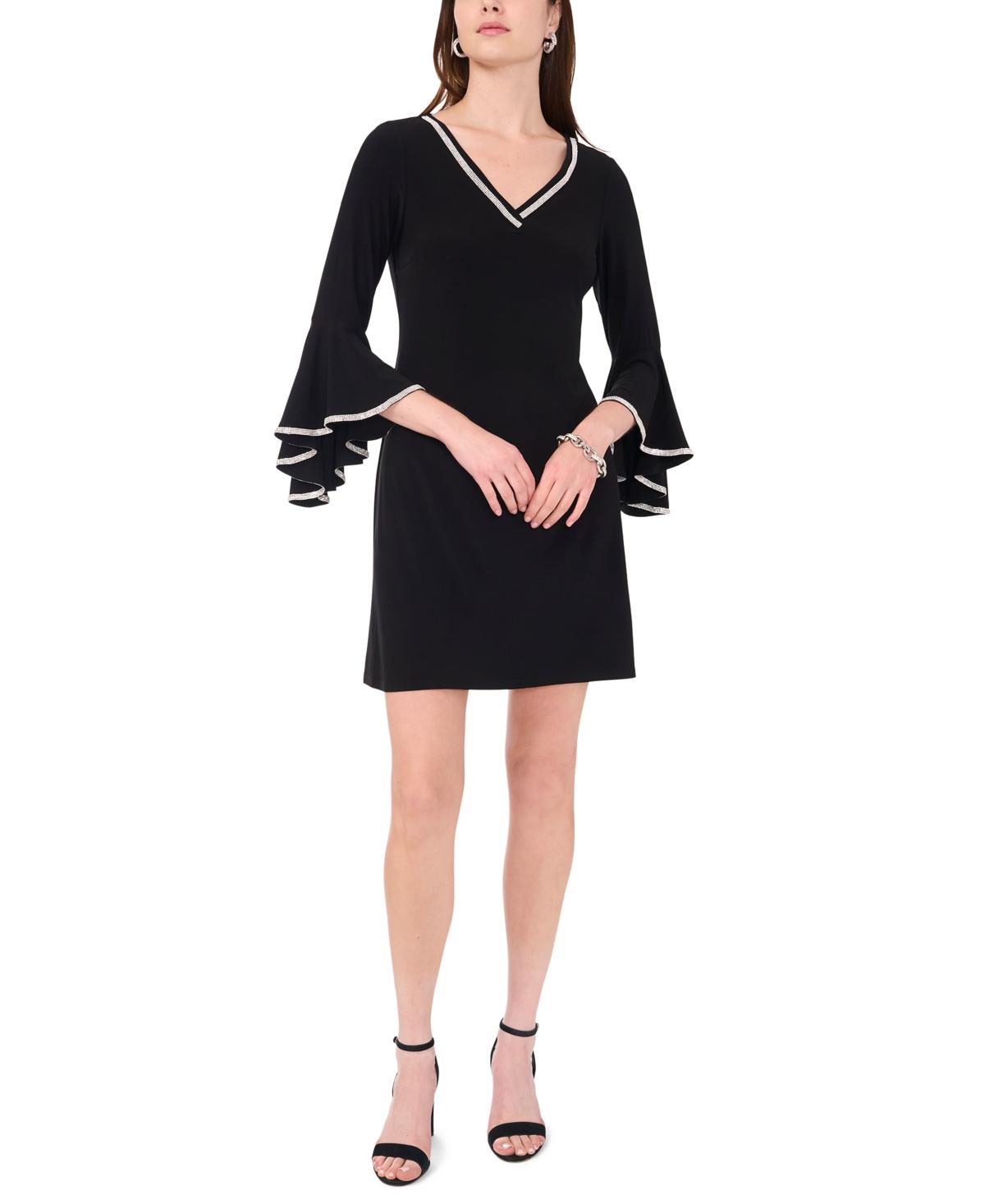 Msk Metallic-trim Bell Sleeve Shift Dress in Black | Lyst