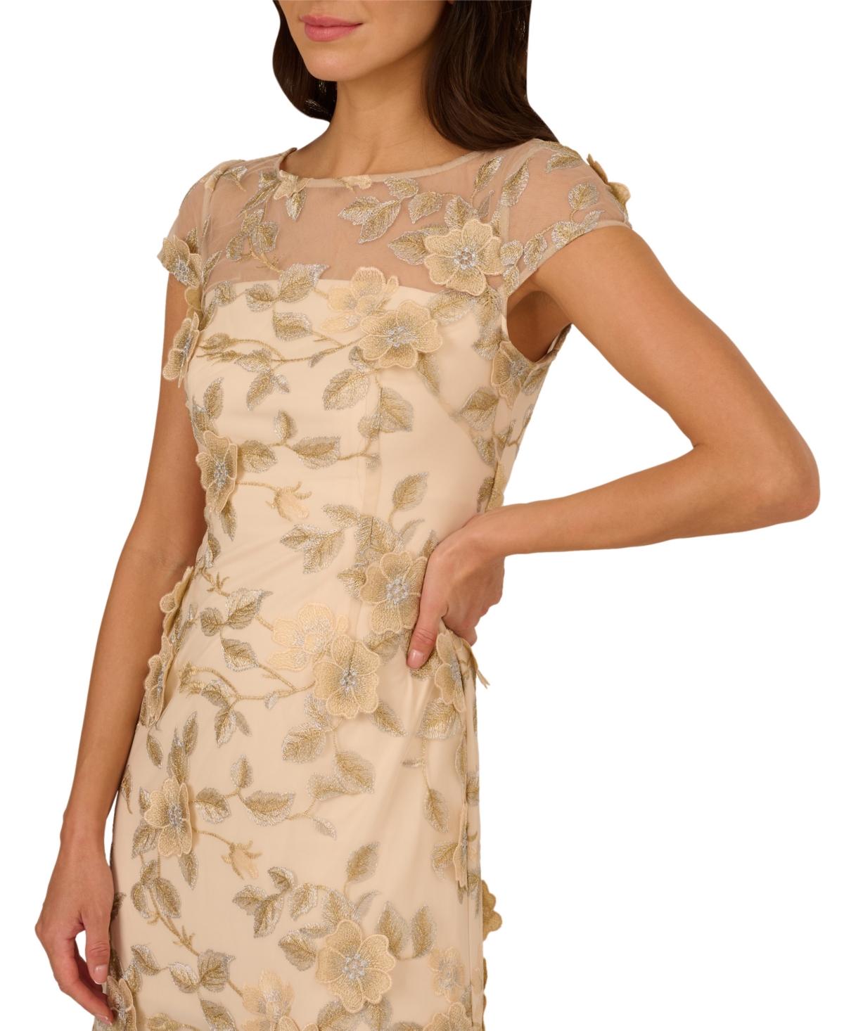 Adrianna Papell Floral-embroidered Godet Pleat Gown in Natural