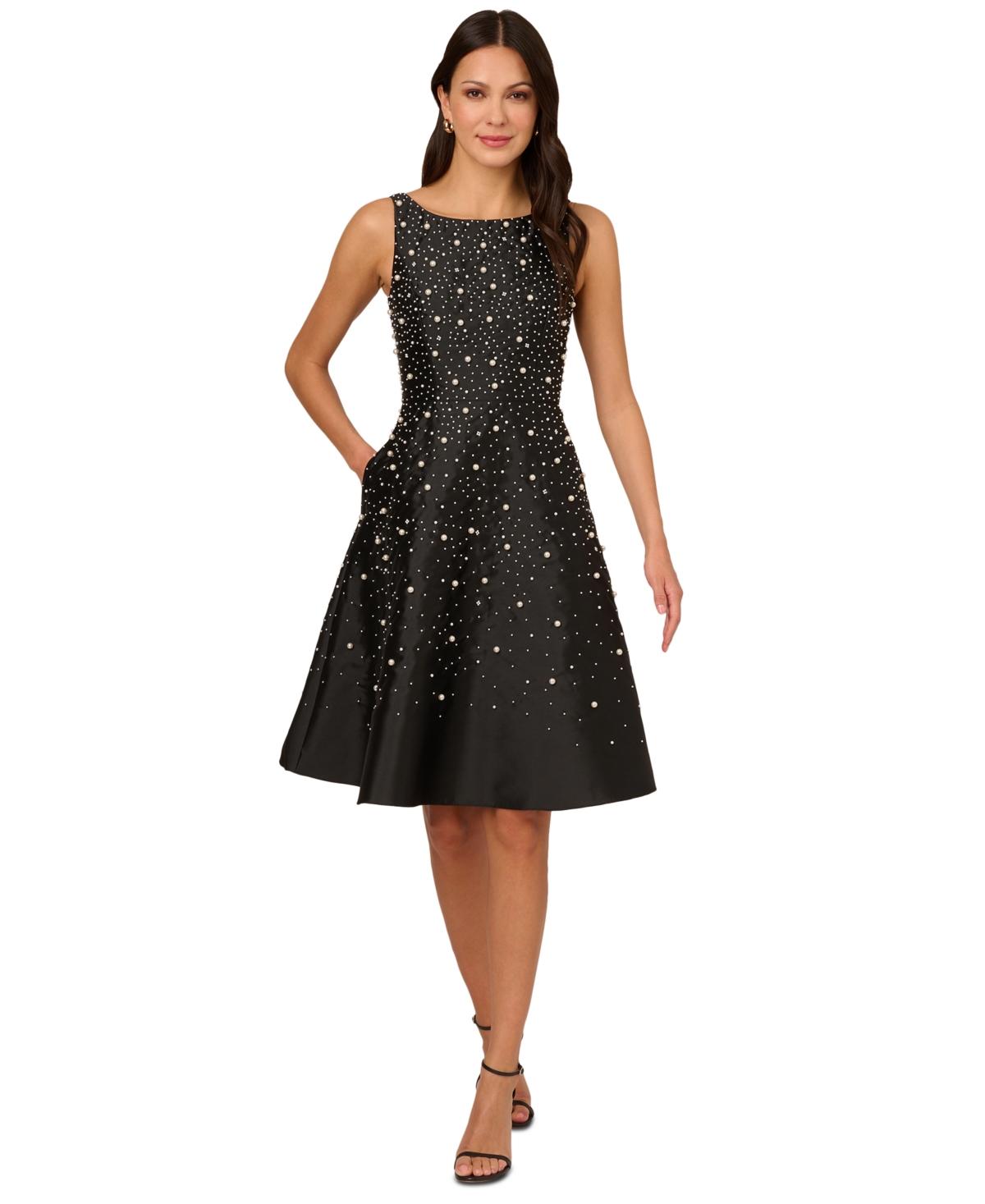 Adrianna Papell Beaded Fit Flare Taffeta Dress in Black Lyst