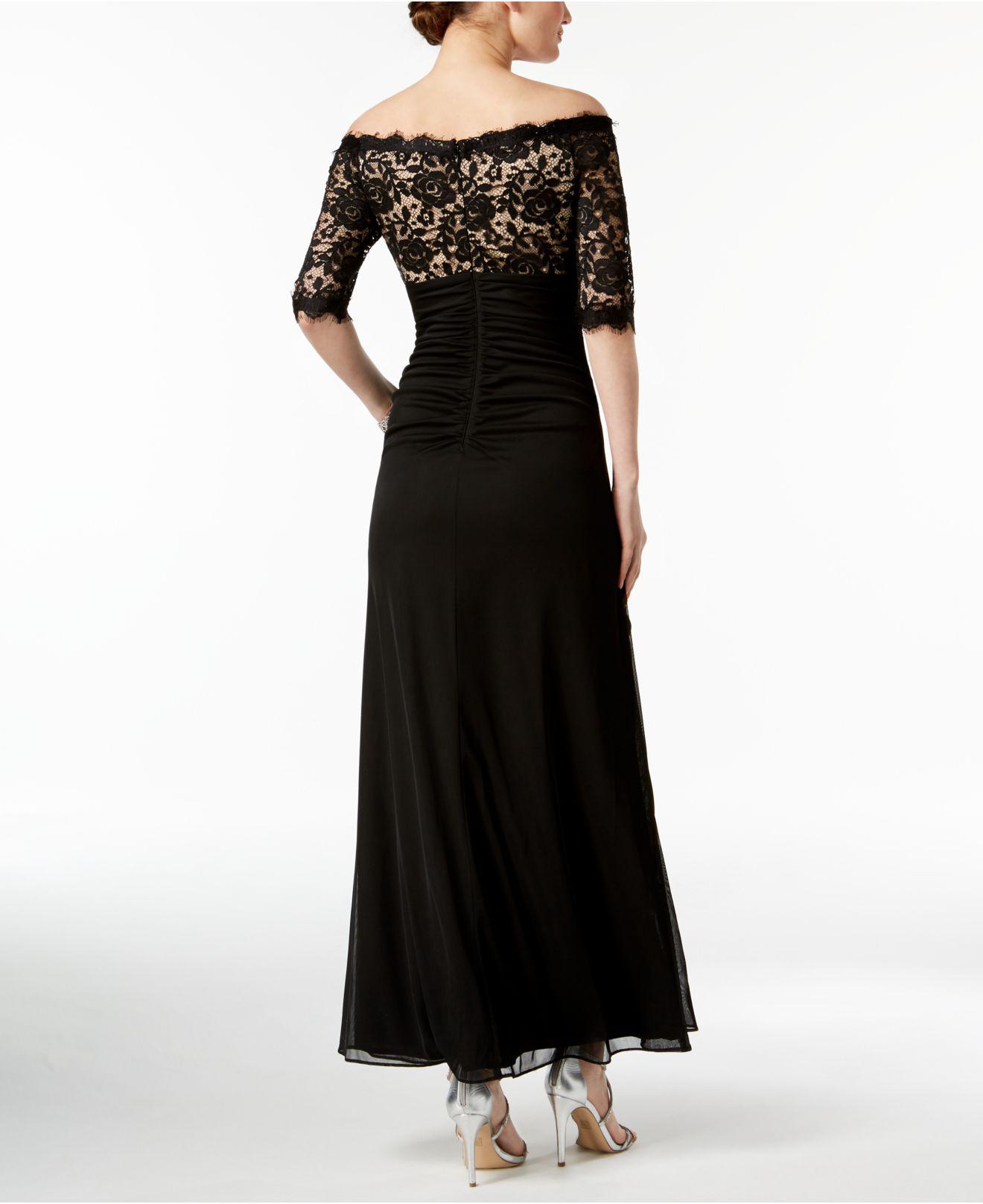 Betsy & Adam Petite Ruched Off-the-shoulder Gown in Black | Lyst