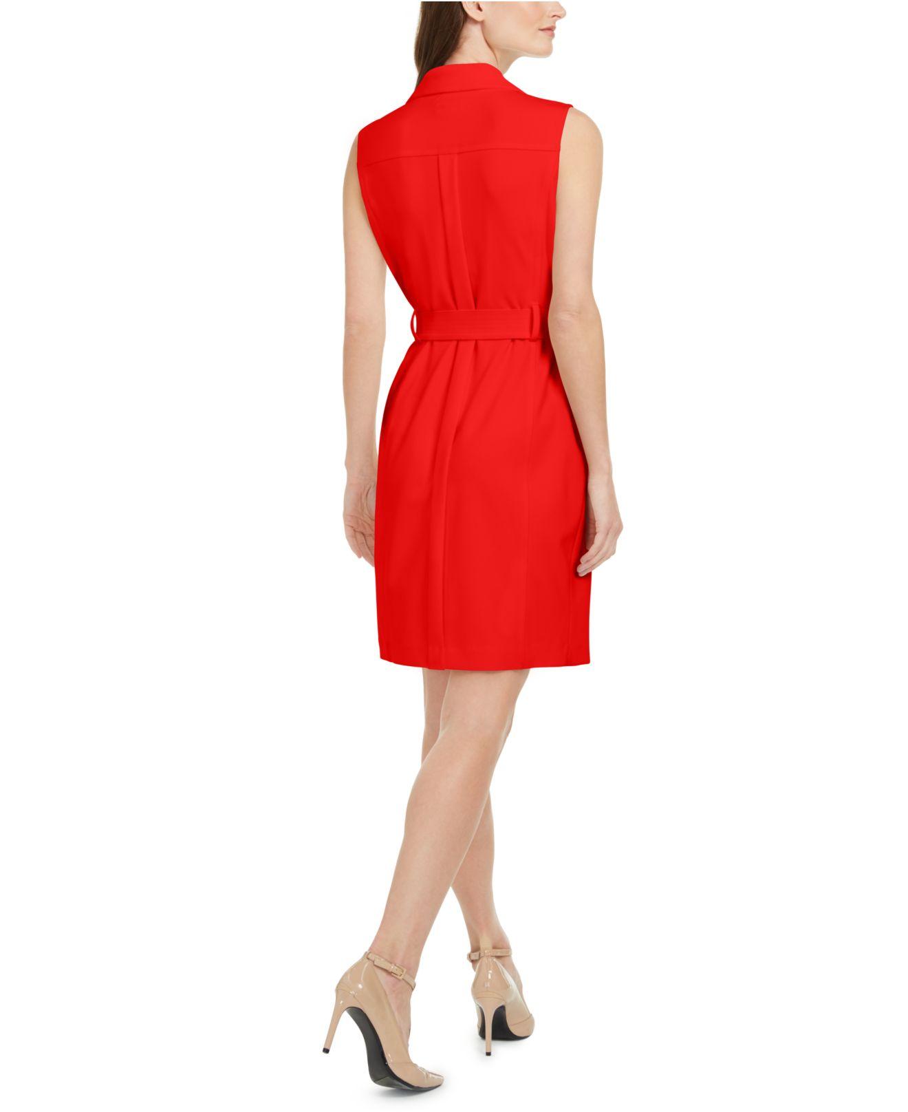 Calvin Klein Zip-front Belted Dress in Red | Lyst