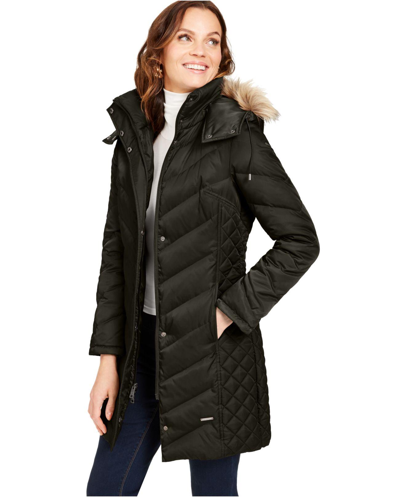 Kenneth Cole Faux-fur-trim Hooded Down Puffer Coat in Olive (Green) - Lyst