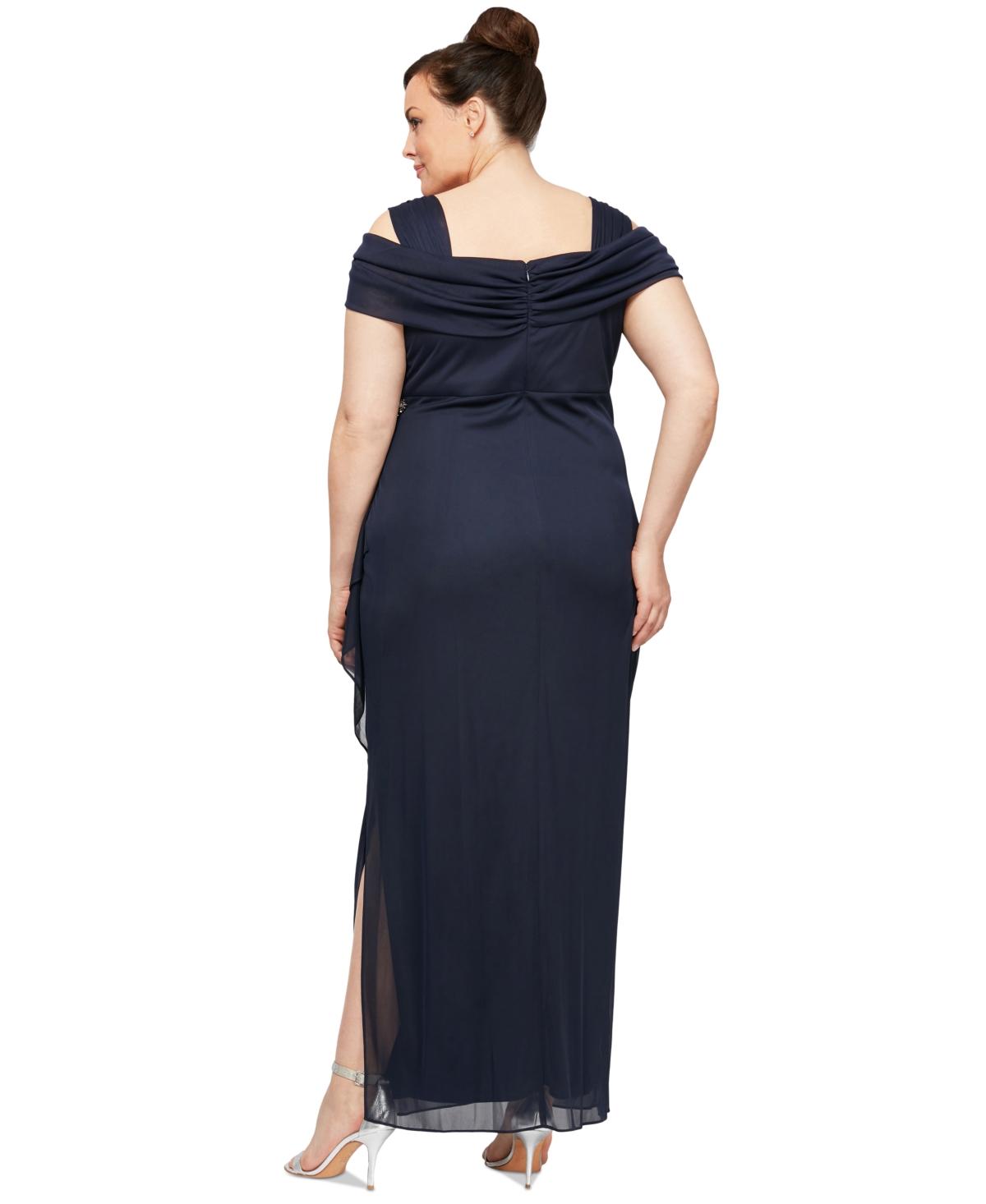 Alex Evenings Plus Size Draped Cold-shoulder Dress in Blue