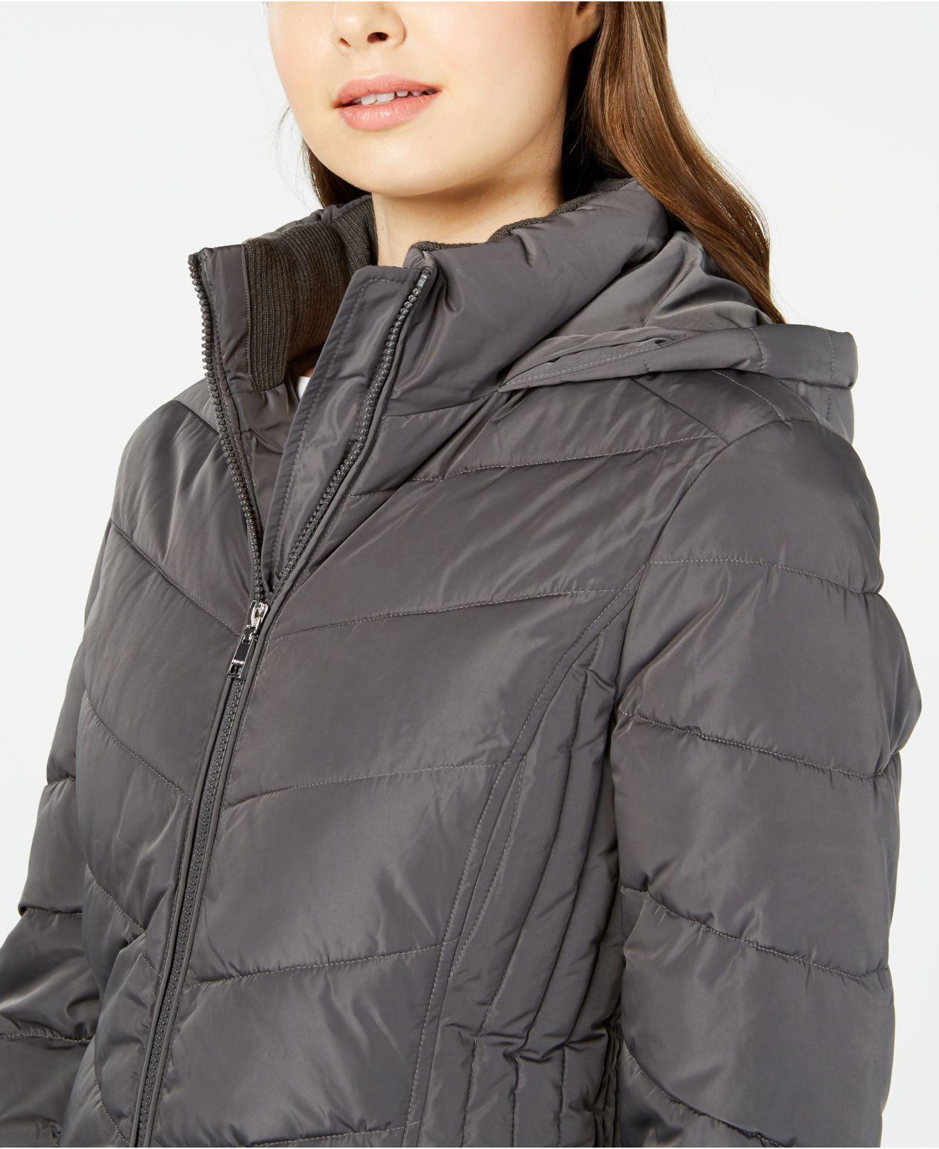 Tommy Hilfiger Chevron Faux-fur Trim Hooded Puffer Coat, Created Macy's in Gray | Lyst