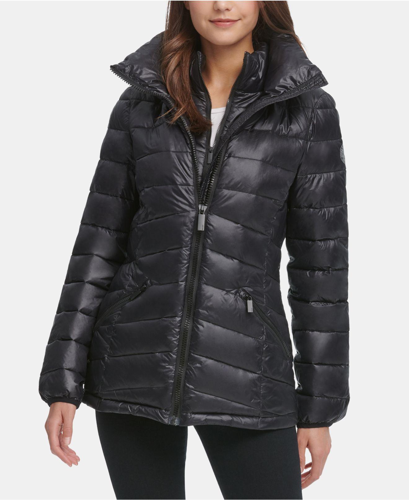 DKNY Synthetic Hooded Packable Down Puffer Coat in Black - Lyst