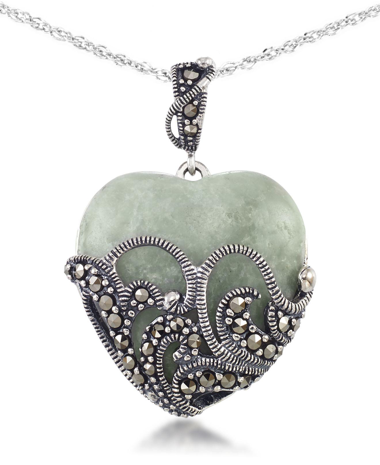 Macy's Lace Green Jade (24 X 24mm) & Marcasite Heart Pendant On 18
