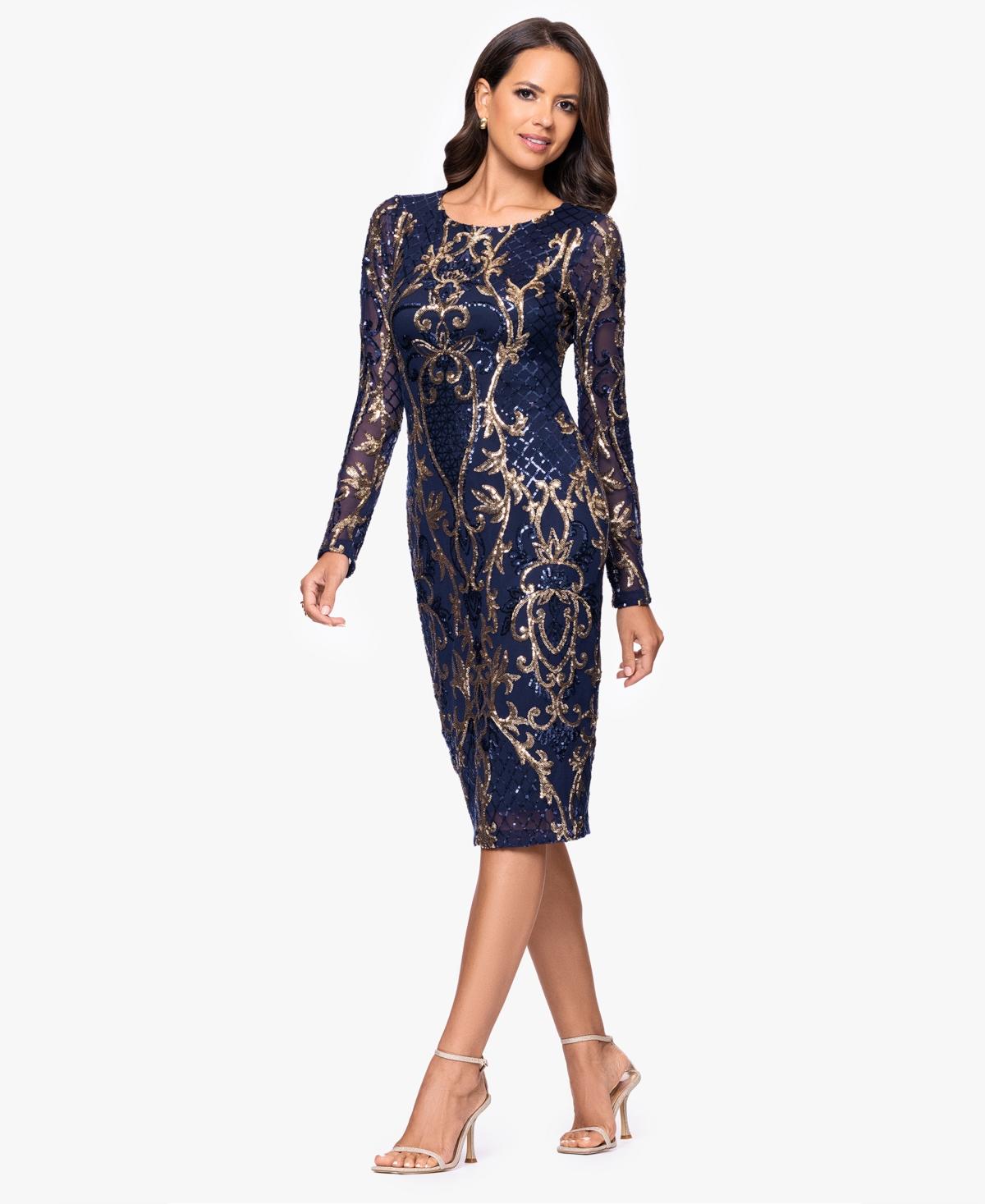 knee length dresses for ladies Betsy & Adam Women's Metallic V-Neck Long-Sleeve Gown - Mocha Gold main image 0