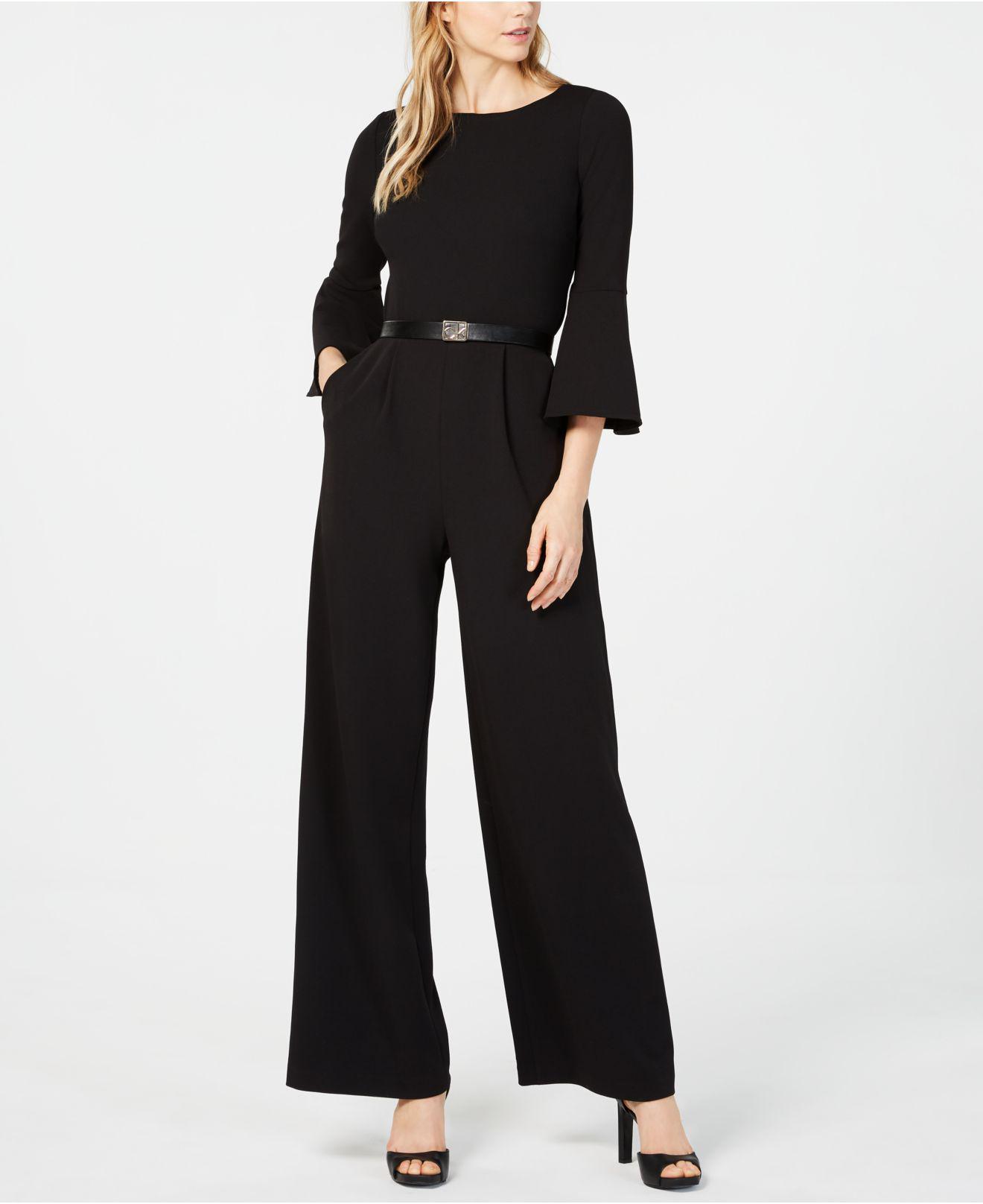Calvin Klein Belted Bell-sleeve Jumpsuit in Black | Lyst