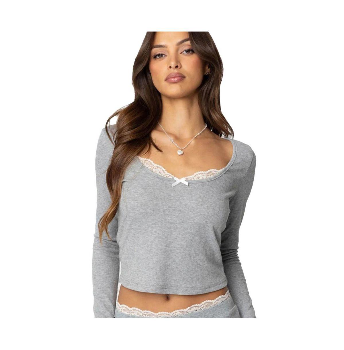 Edikted Peekaboo Lace Long Sleeve Top in Gray | Lyst