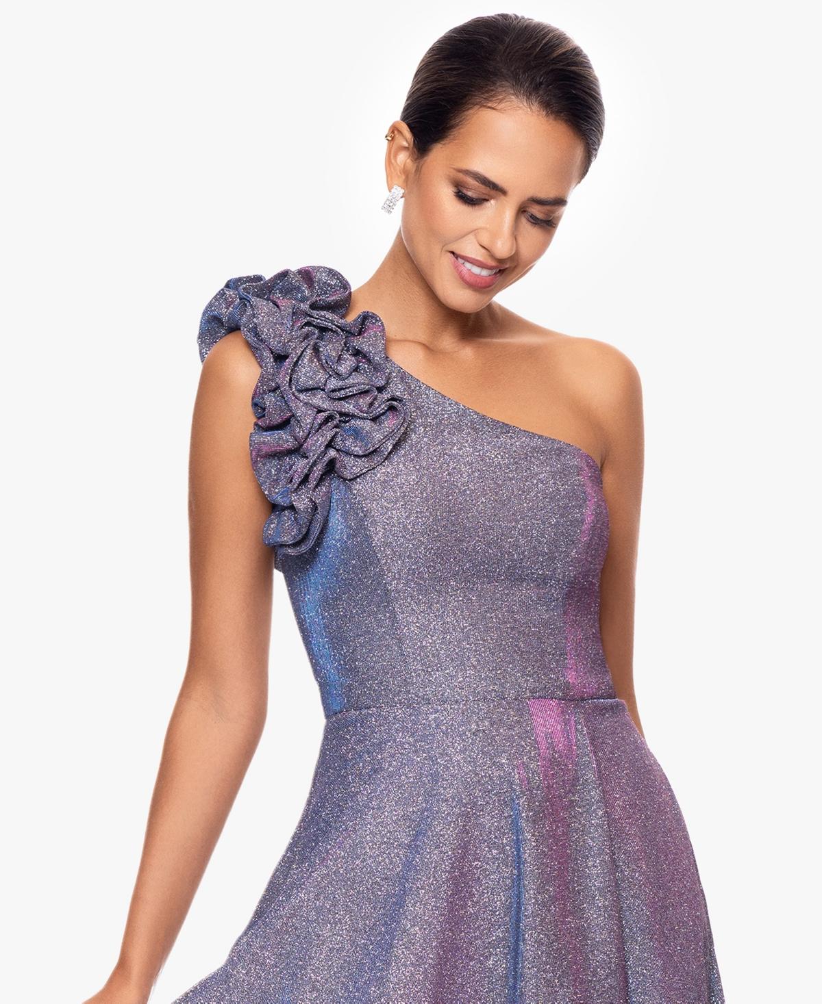 Xscape Petite One-shoulder Ruffled Glitter Gown in Purple Lyst