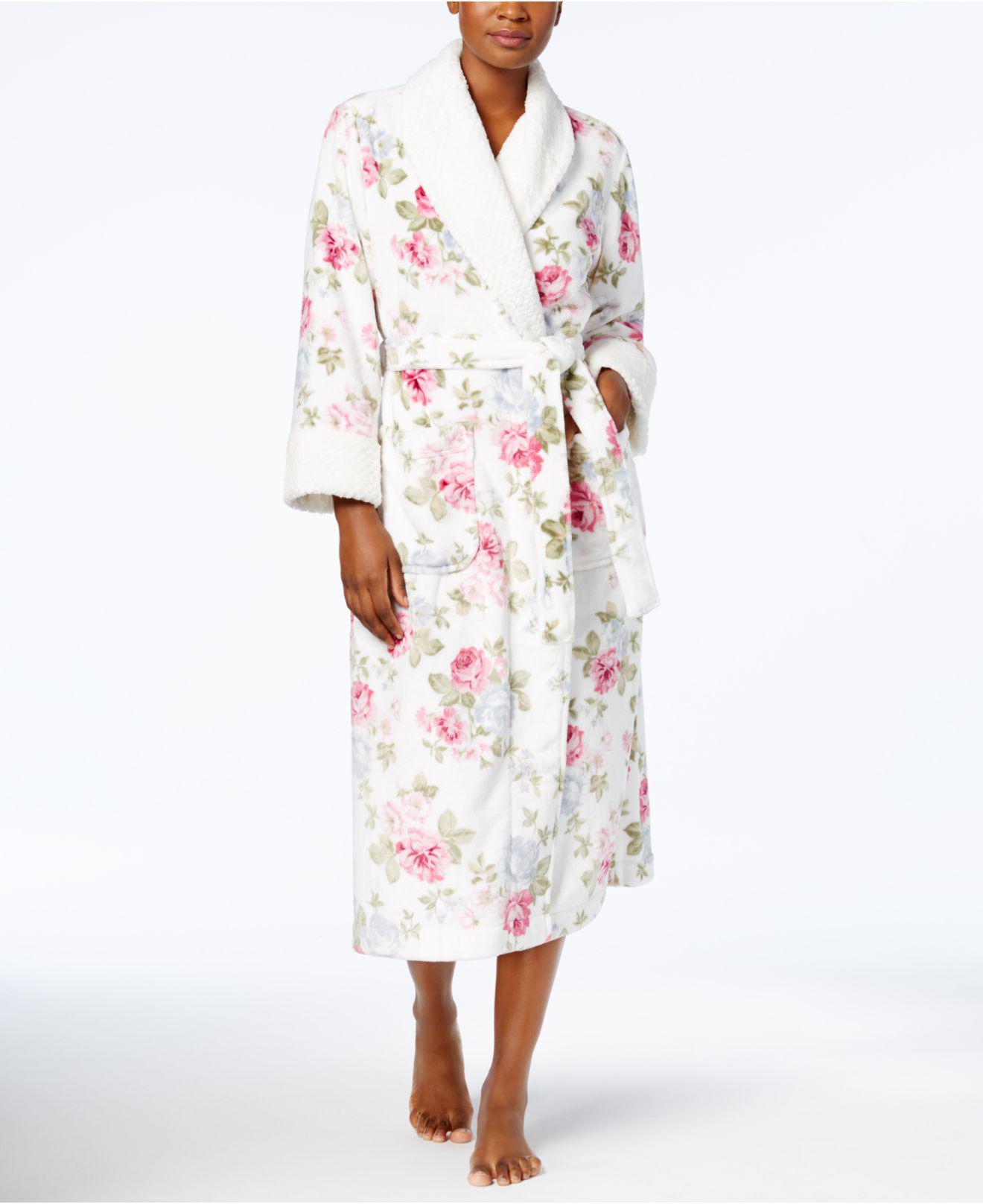 Charter Club Long Floral print Contrast Cotton Robe In Pink Lyst