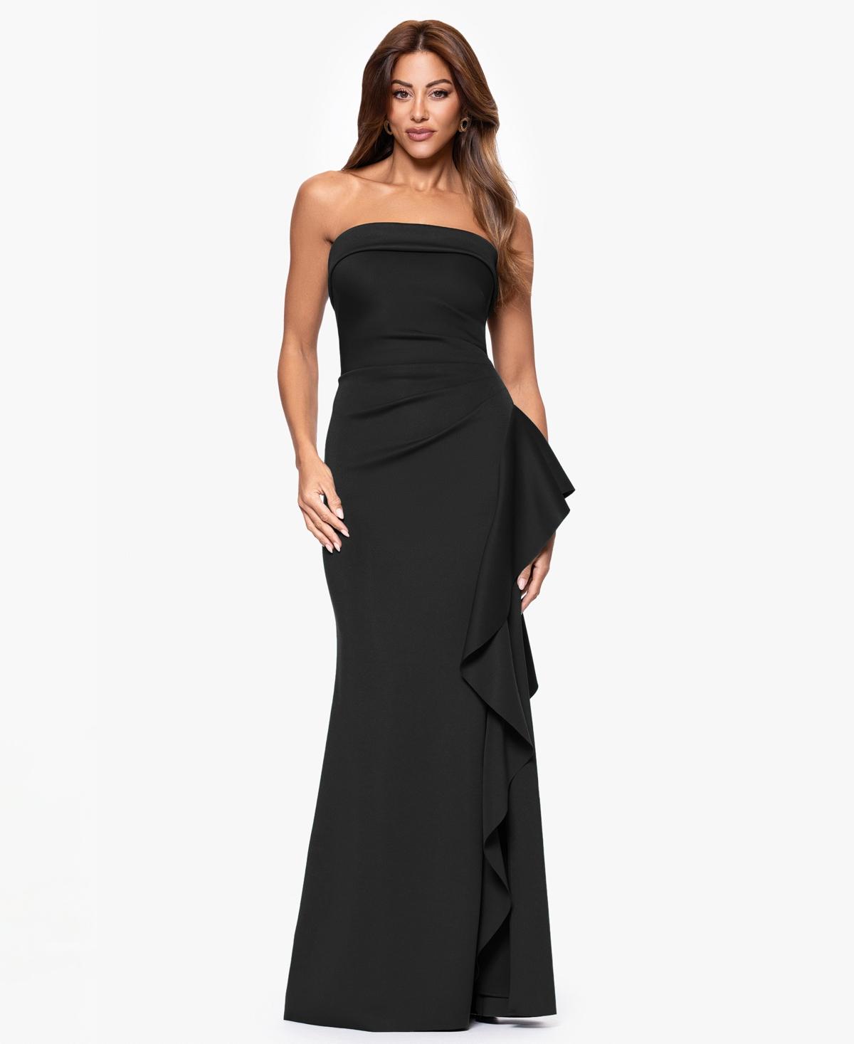 xscape long black dress Xscape Petite Asymmetric Front Slit Evening Gown - Plum main image 0
