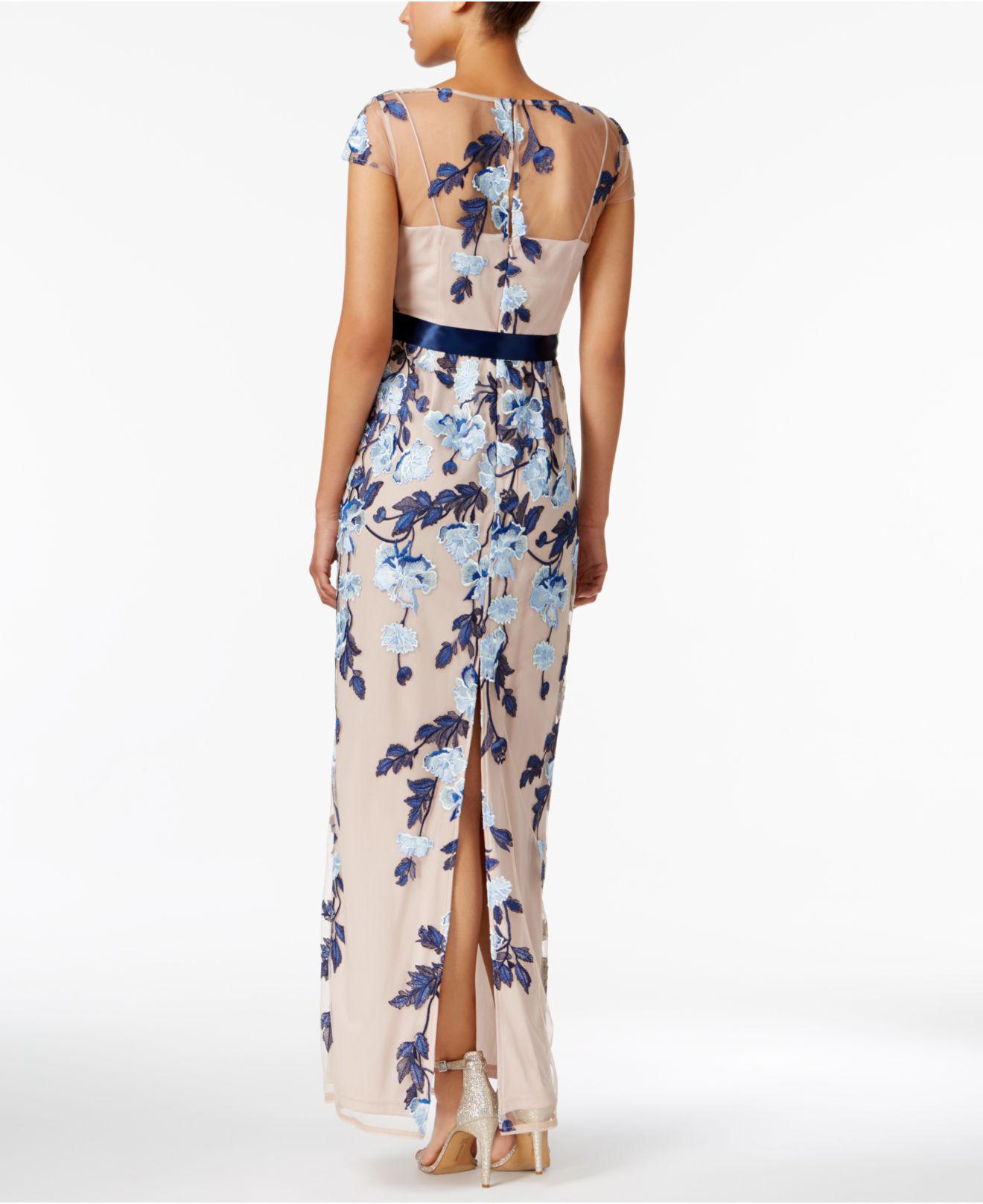 Adrianna Papell Embroidered Floral Mesh Gown in Blue | Lyst