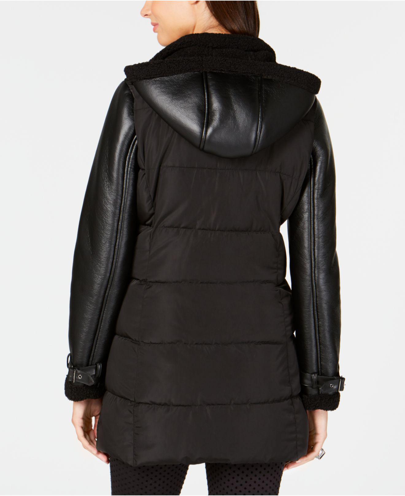 Calvin Klein Mixed-media Hooded Puffer Coat in Black - Lyst