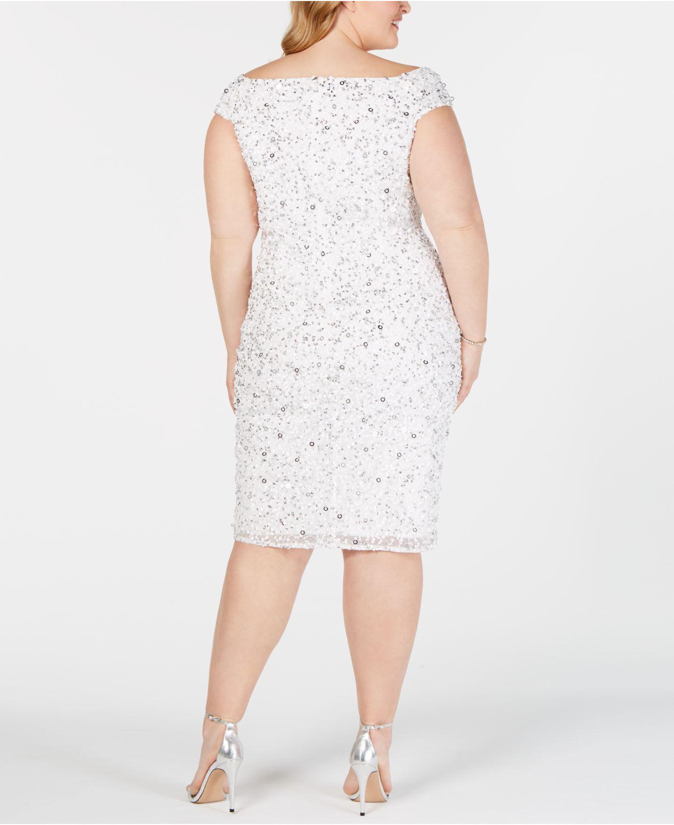Adrianna Papell Plus Size Off-the-shoulder Beaded Sheath Dress in White |  Lyst