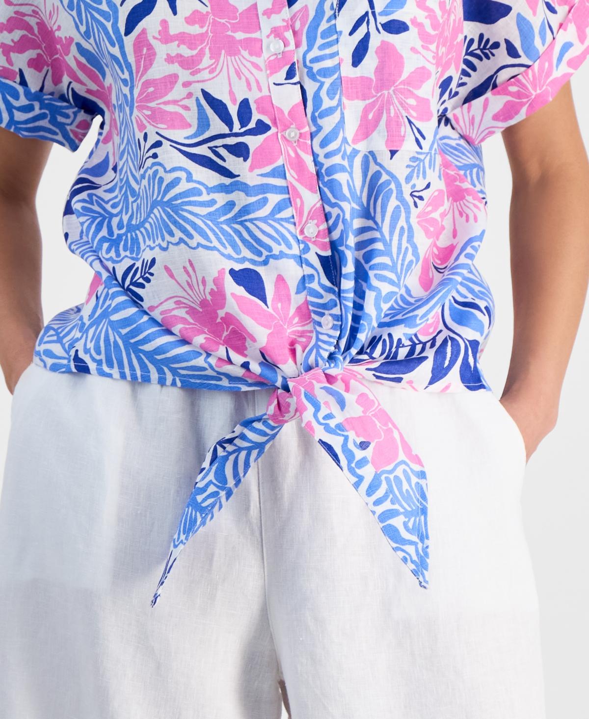 売れ筋商品|||チャータークラブ カットソー トップス レディース Petite 100% Linen Floral-Print Tie-Front Shirt, Exclusively at Macy's Bright White Charter Club Petite 100% Linen Floral-print Tie-front Shirt