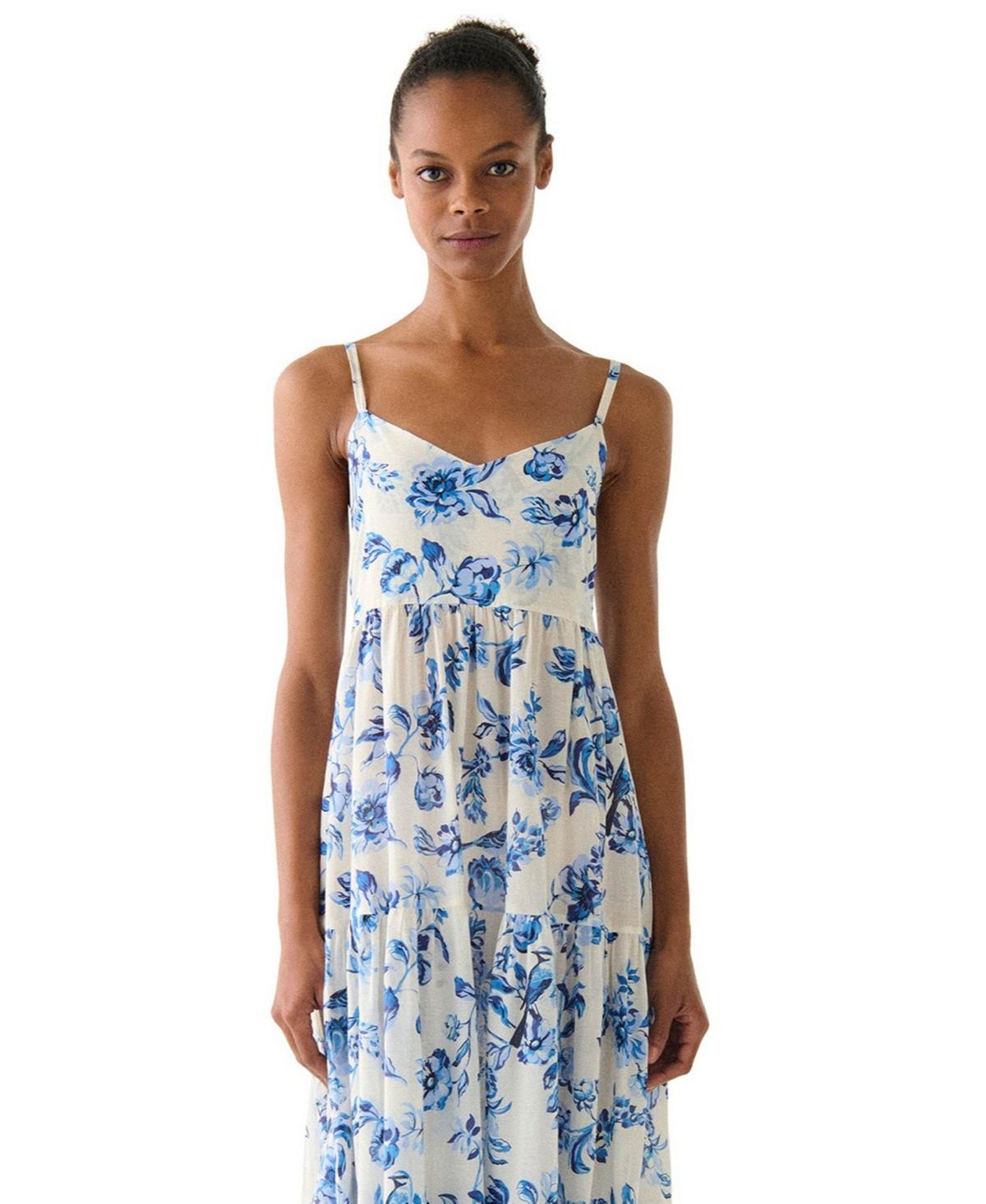 blue white print dress Open-Back Blue Floral-Print Long White Lace Prom Dress Blue/Print / 6