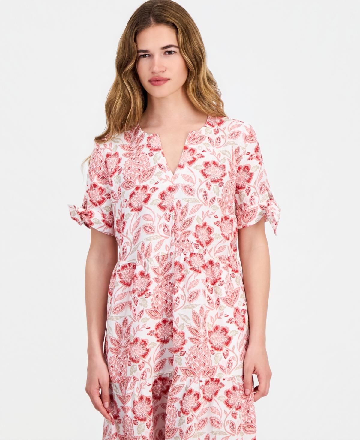 charter club petite dresses Charter Club Women's Petite Linen King Street Palm Flounce Dress - Natural