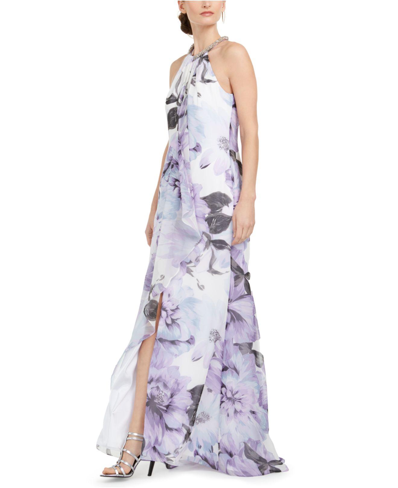 Calvin Klein Floral Draped Halter Gown in Purple | Lyst