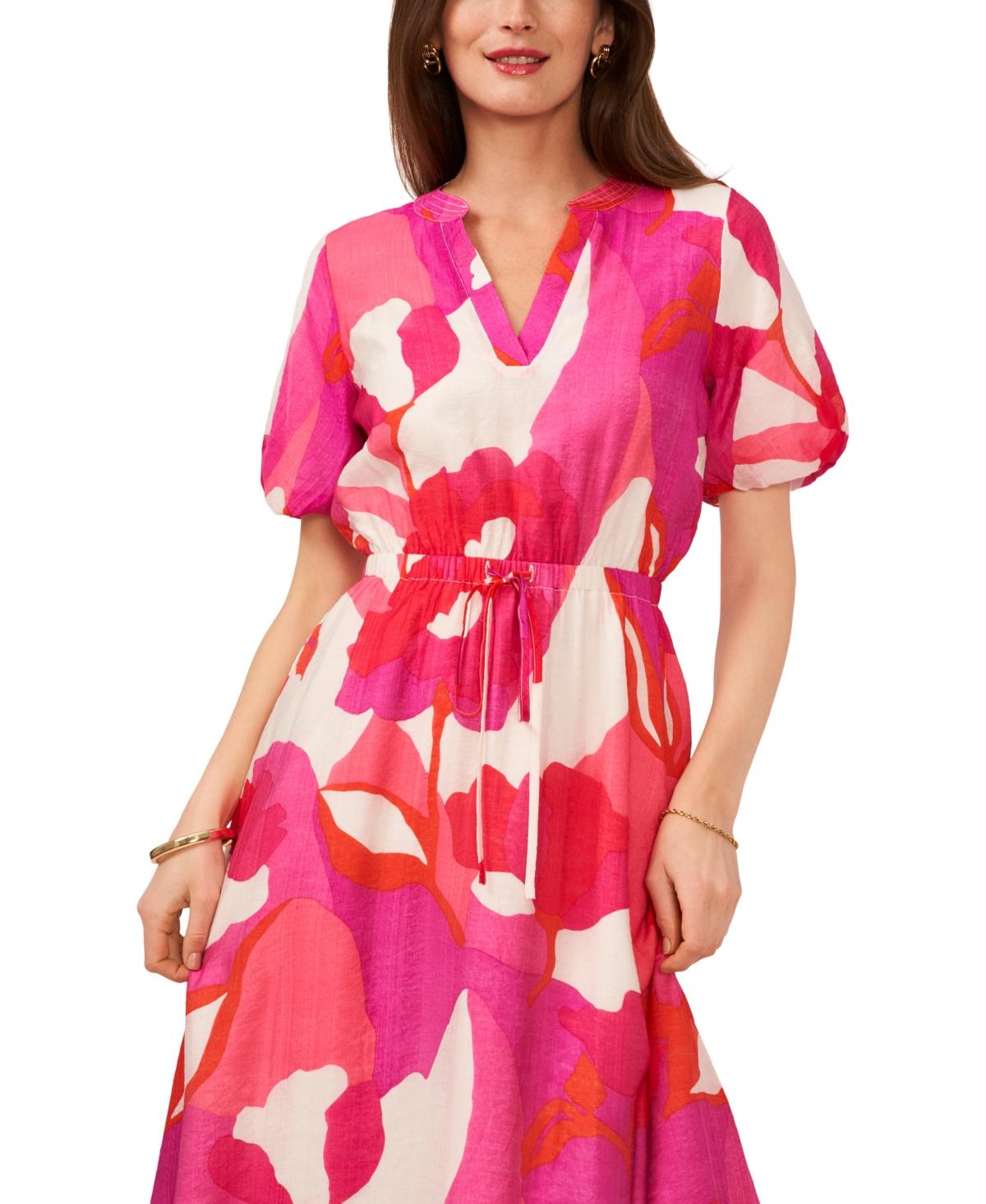 Vince Camuto Printed Split-neck Puff-sleeve Dress in Red Lyst
