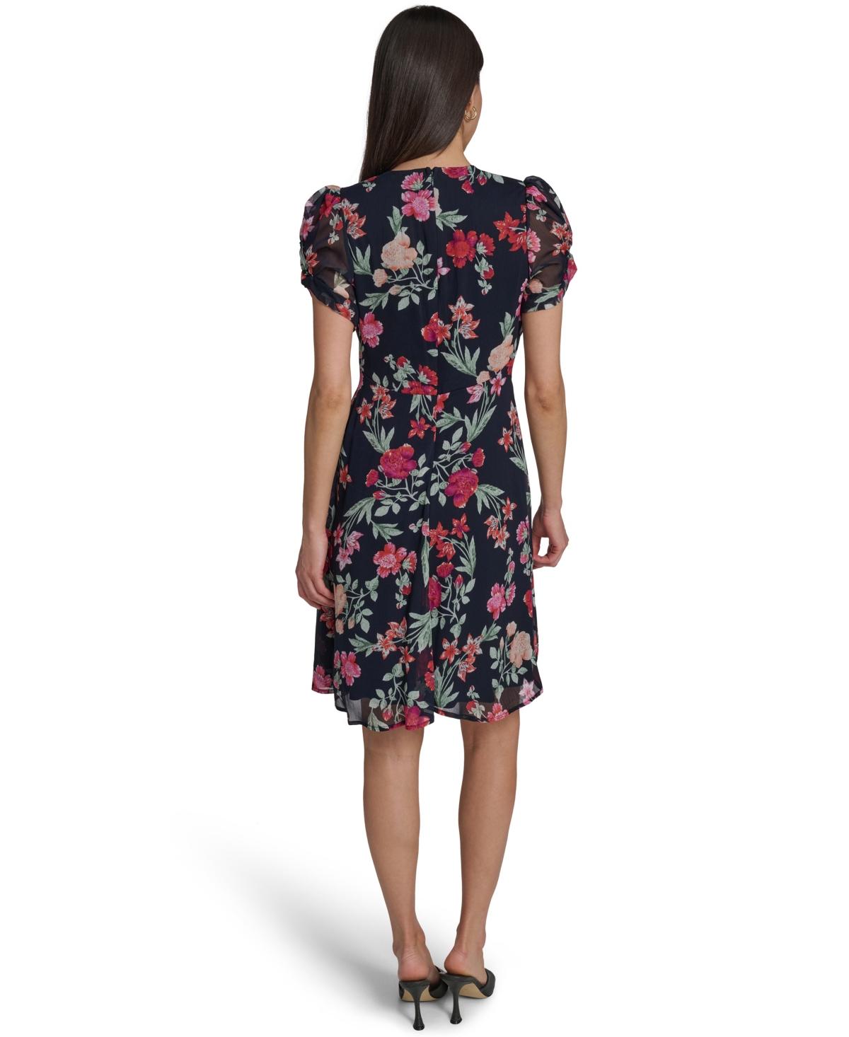 calvin klein petite dresses Women's Square-neck Sheath Midi Dress - Blue 8% spandex Calvin Klein Petite Knot-sleeve Printed