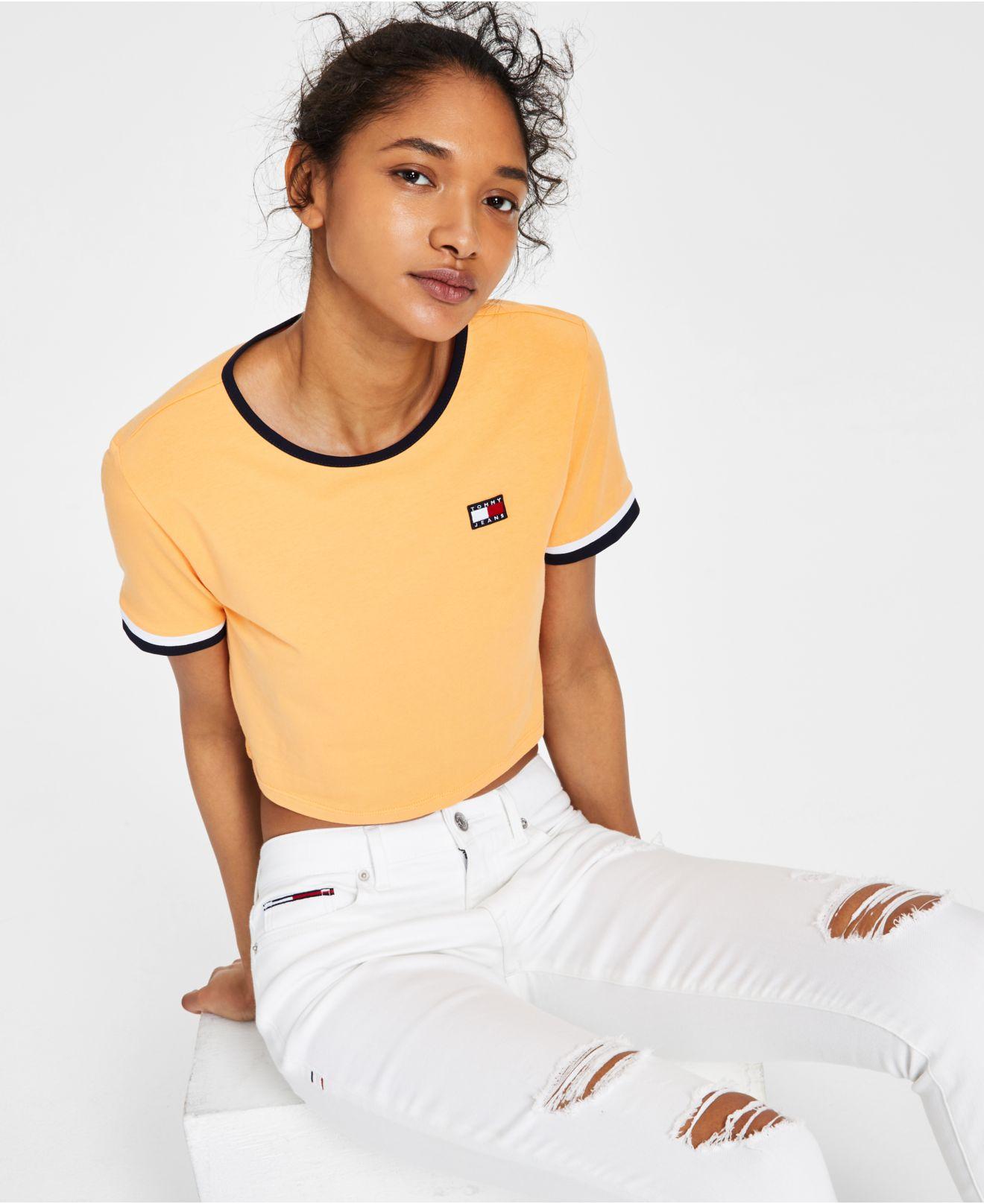 Tommy Hilfiger Flag Patch Cropped T-shirt in White | Lyst