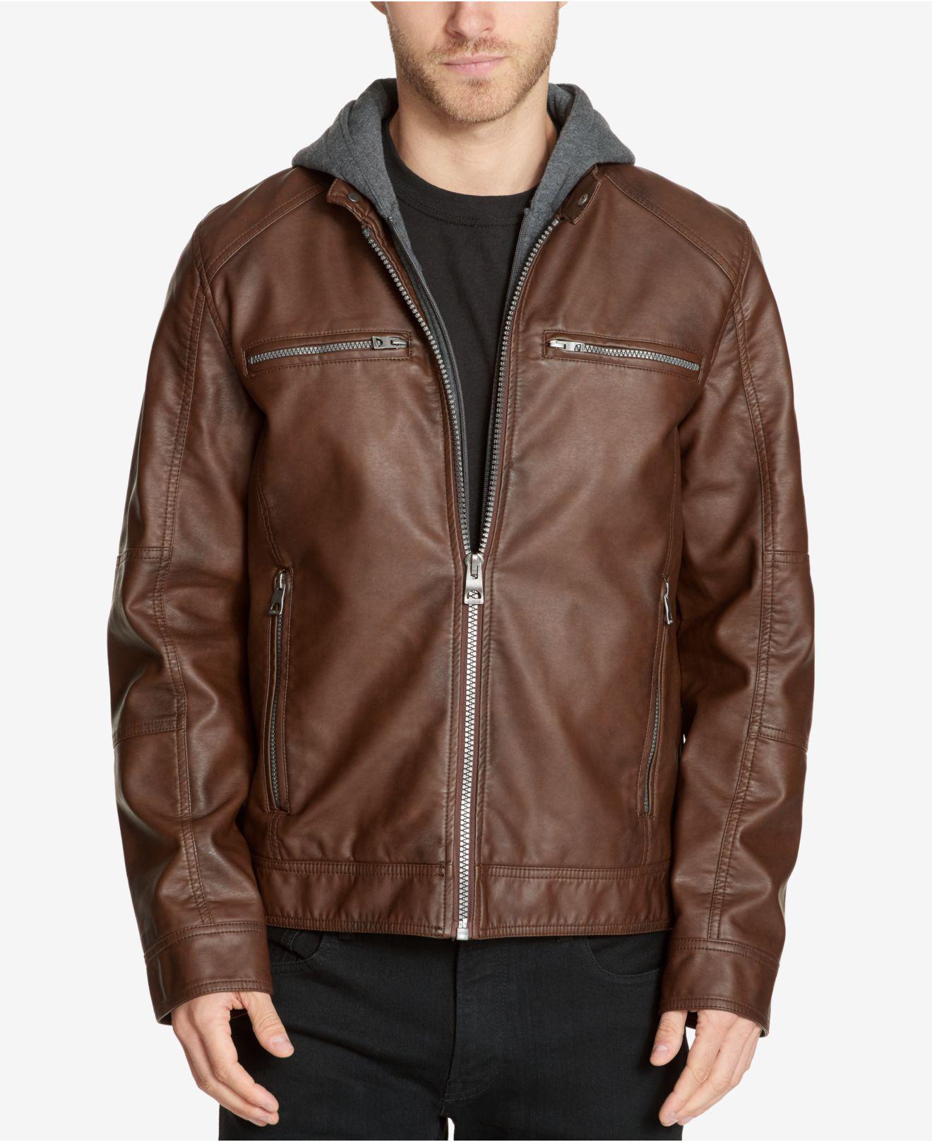 Guess Men's Faux-leather Detachable-hood Motorcycle Jacket in Brown for ...