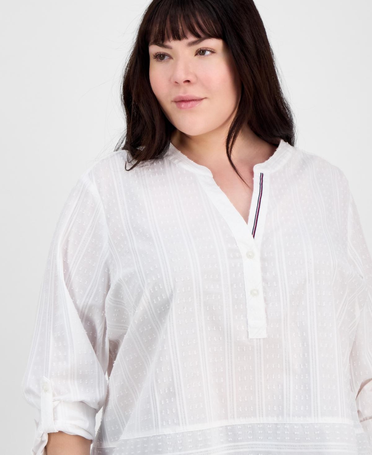 売れ筋商品|||トミー ヒルフィガー カットソー トップス レディース Plus Size Cotton llic Clip-Dot Popover Tunic, Exclusively at Macy's Bright White Tommy Hilfiger Plus Size Cotton Metallic Clip-dot Popover
