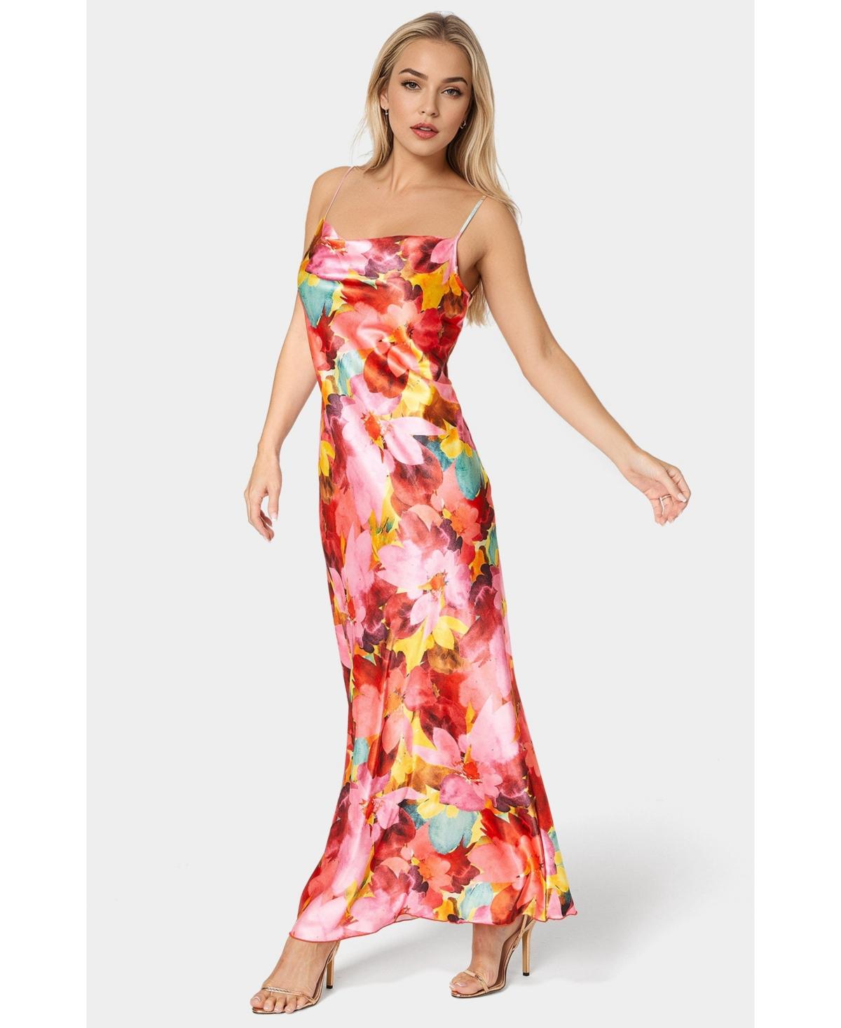 Bebe Print Satin Maxi Dress in Red | Lyst