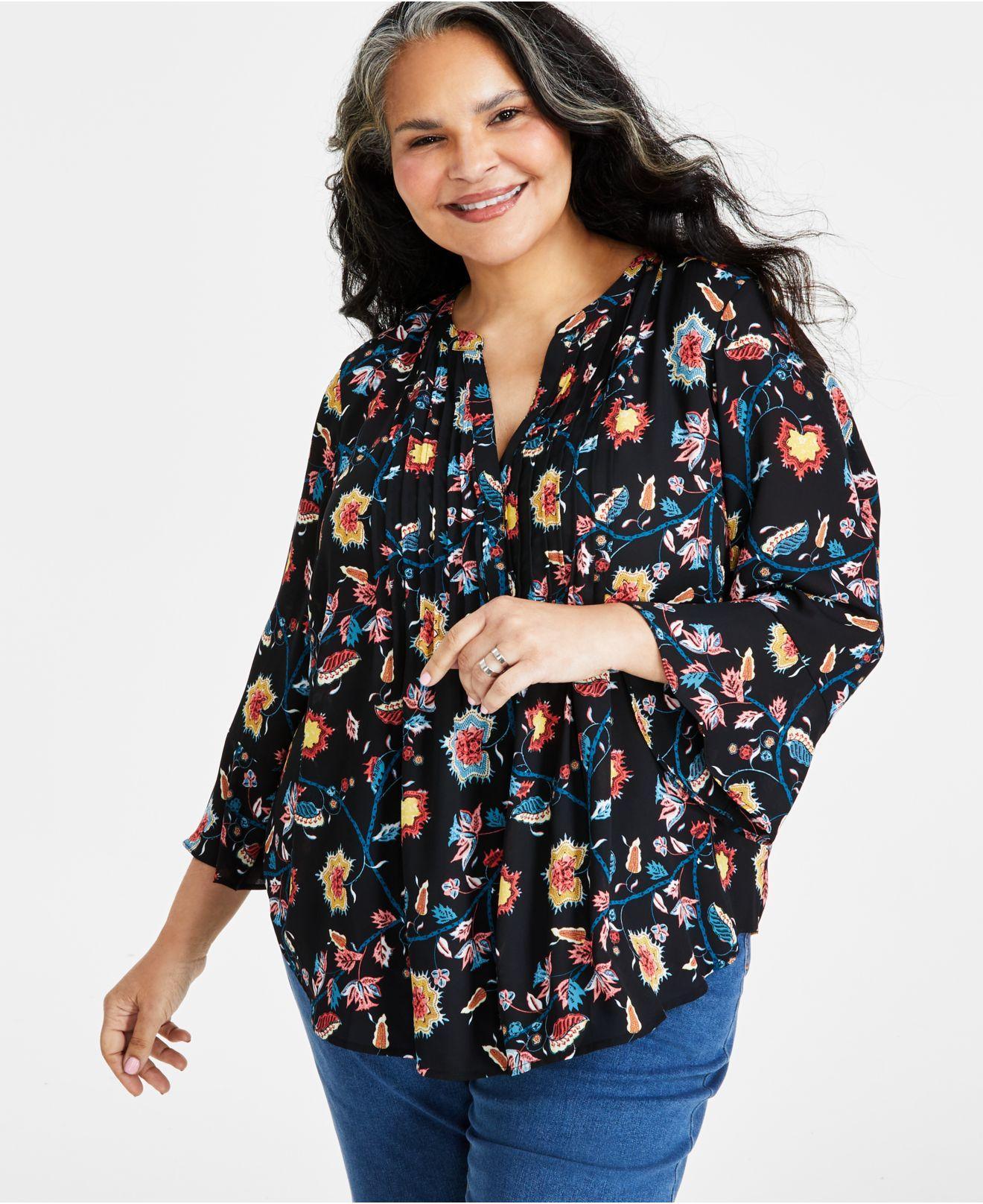 Style & Co. Plus Size Printed Pintuck Blouse, Created For Macy's in Blue |  Lyst