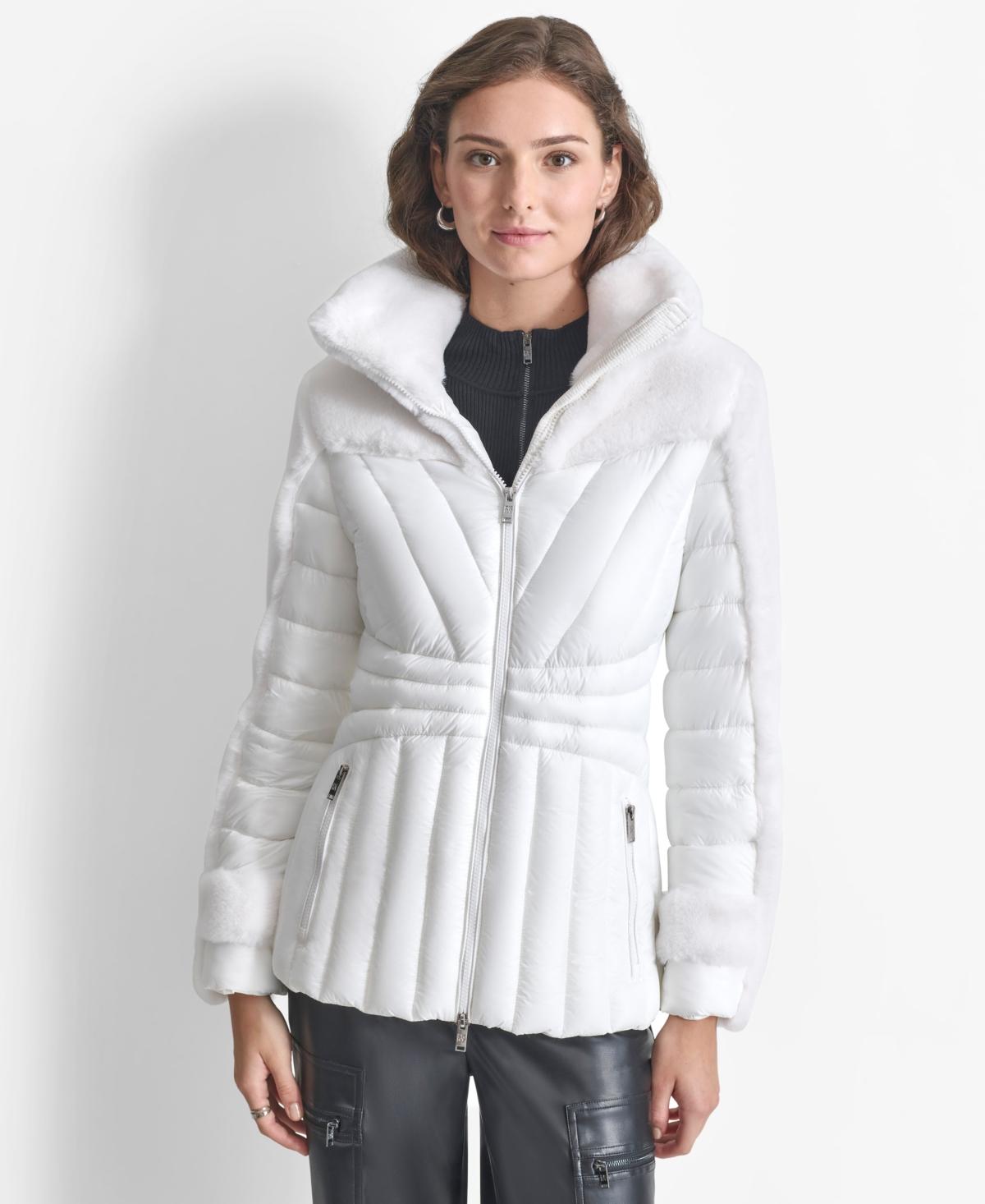 DKNY Faux fur Spread collar Puffer Jacket in White Lyst