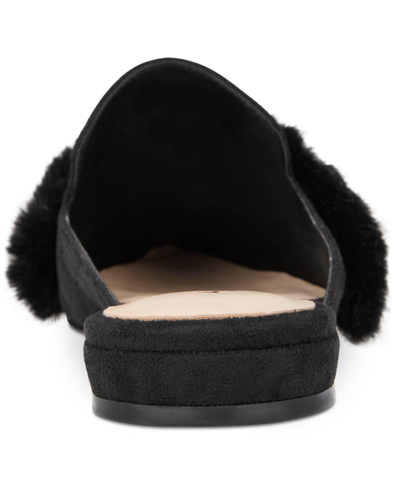 black faux fur mules