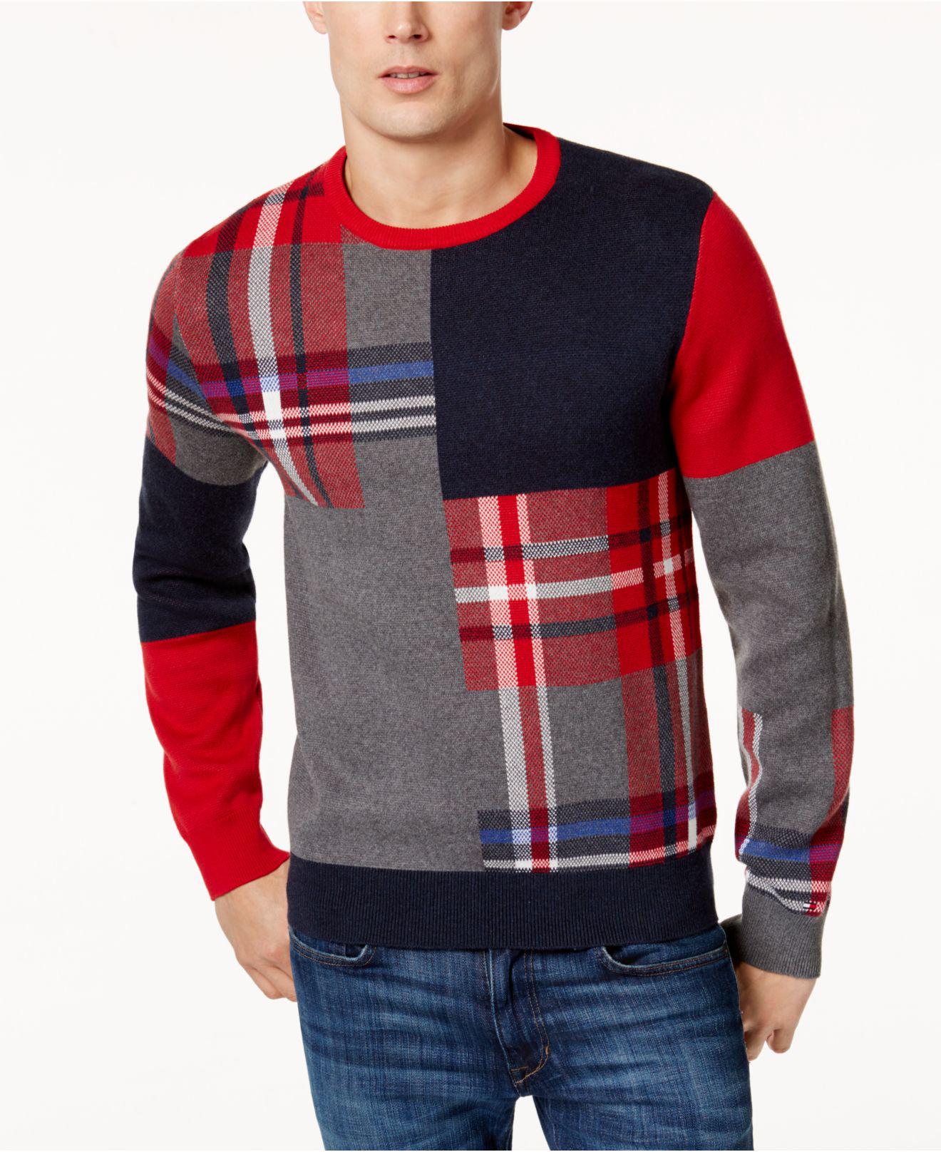 Tommy Hilfiger Cotton Men's Pattern-blocked Sweater in Red for Men - Lyst