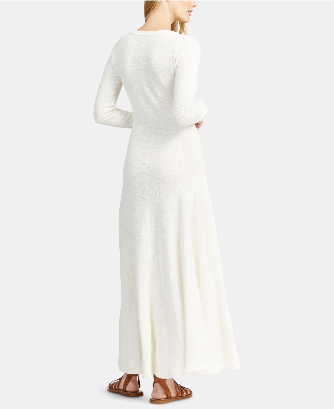 Polo Ralph Lauren Cotton Crew Neck Long Sleeve Maxi Dress in White | Lyst