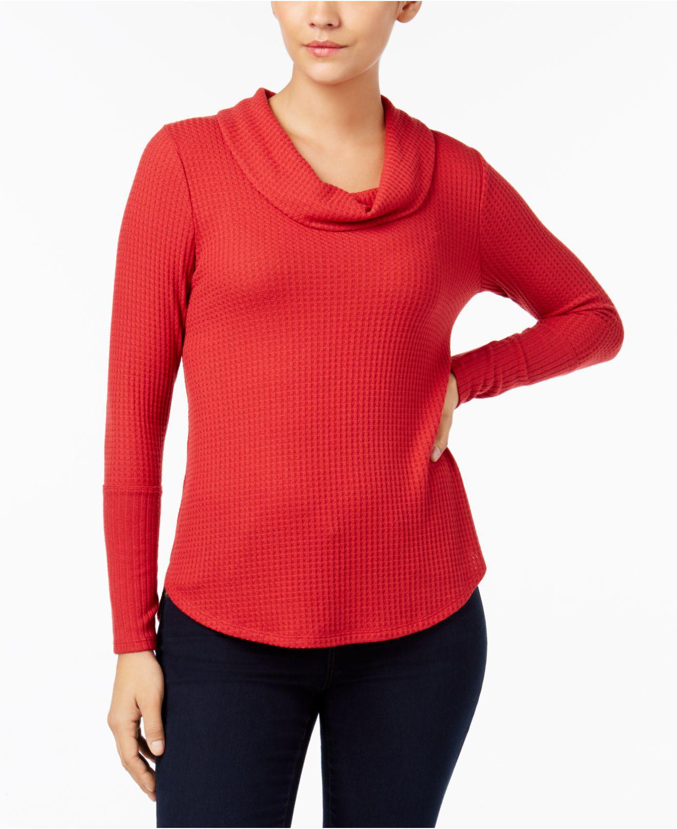 Style & Co. Synthetic Cowlneck Waffleknit Top in Red Lyst